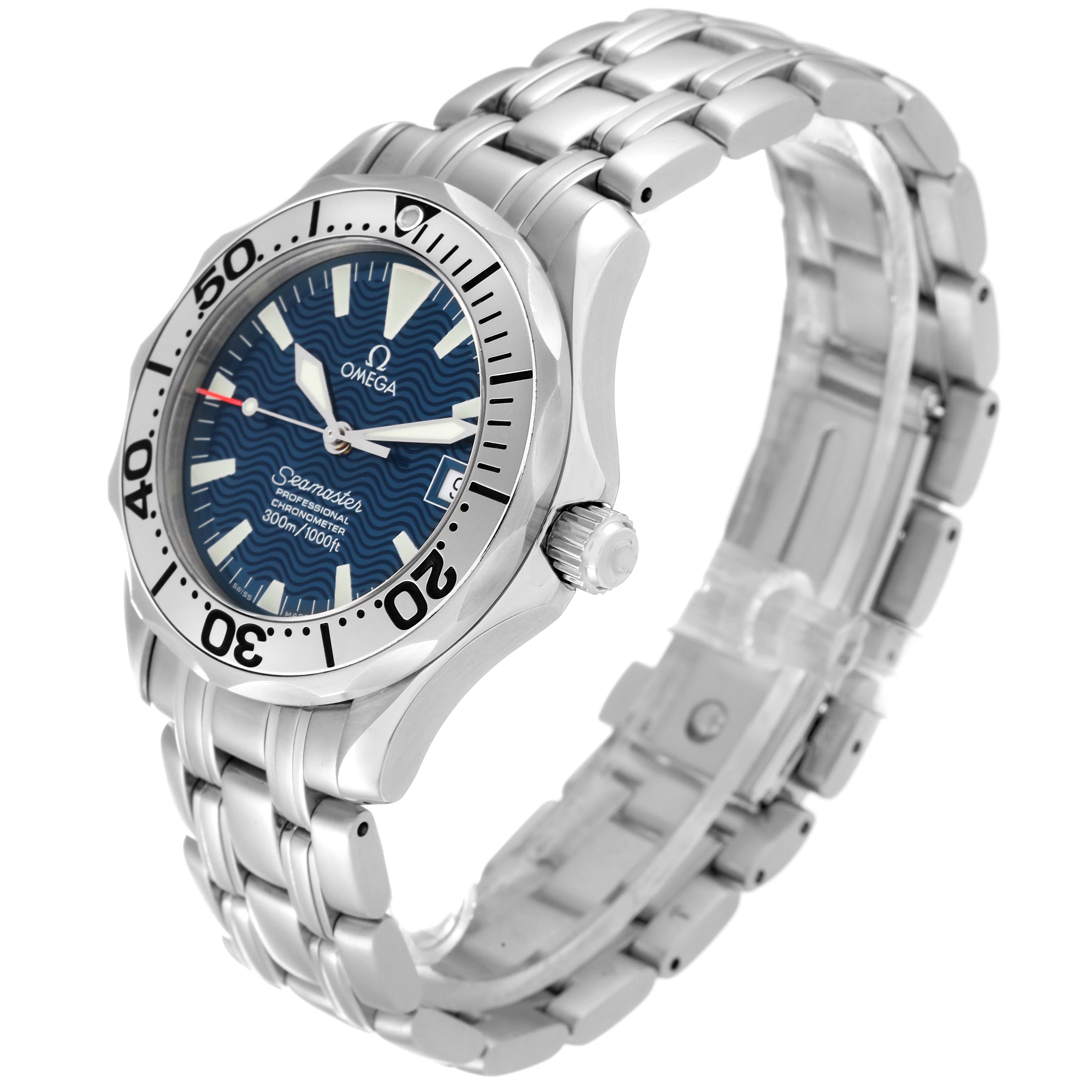 The Omega Seamaster 2253.80.00 Men
s Stainless Steel Blue Dial 2253.80.00 Men
s Stainless Steel Blue Dial watch is shown from an angled perspective, highlighting the face, bezel, and stainless steel bracelet.
