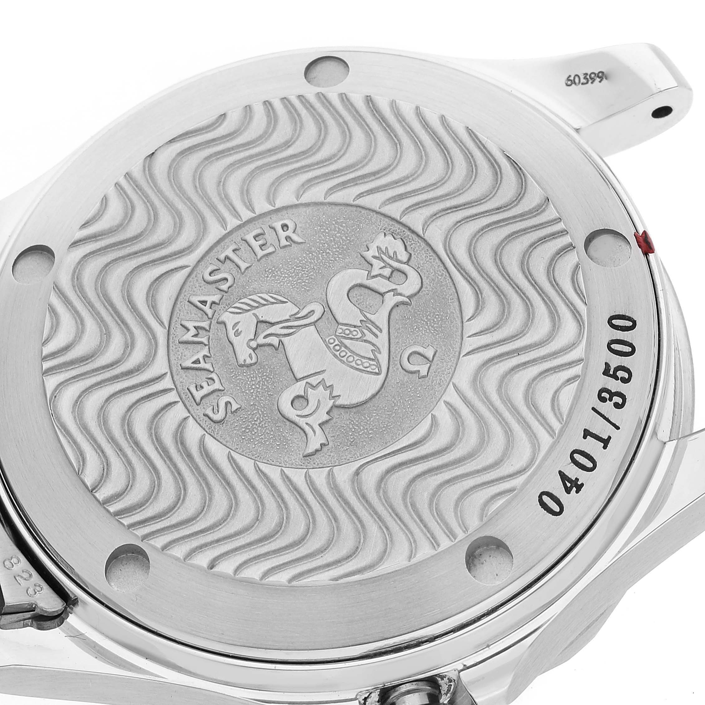 The image shows the case back of an Omega Seamaster 2253.80.00 Men
s Stainless Steel Blue Dial 2253.80.00 Men
s Stainless Steel Blue Dial watch with engraved details and serial number.