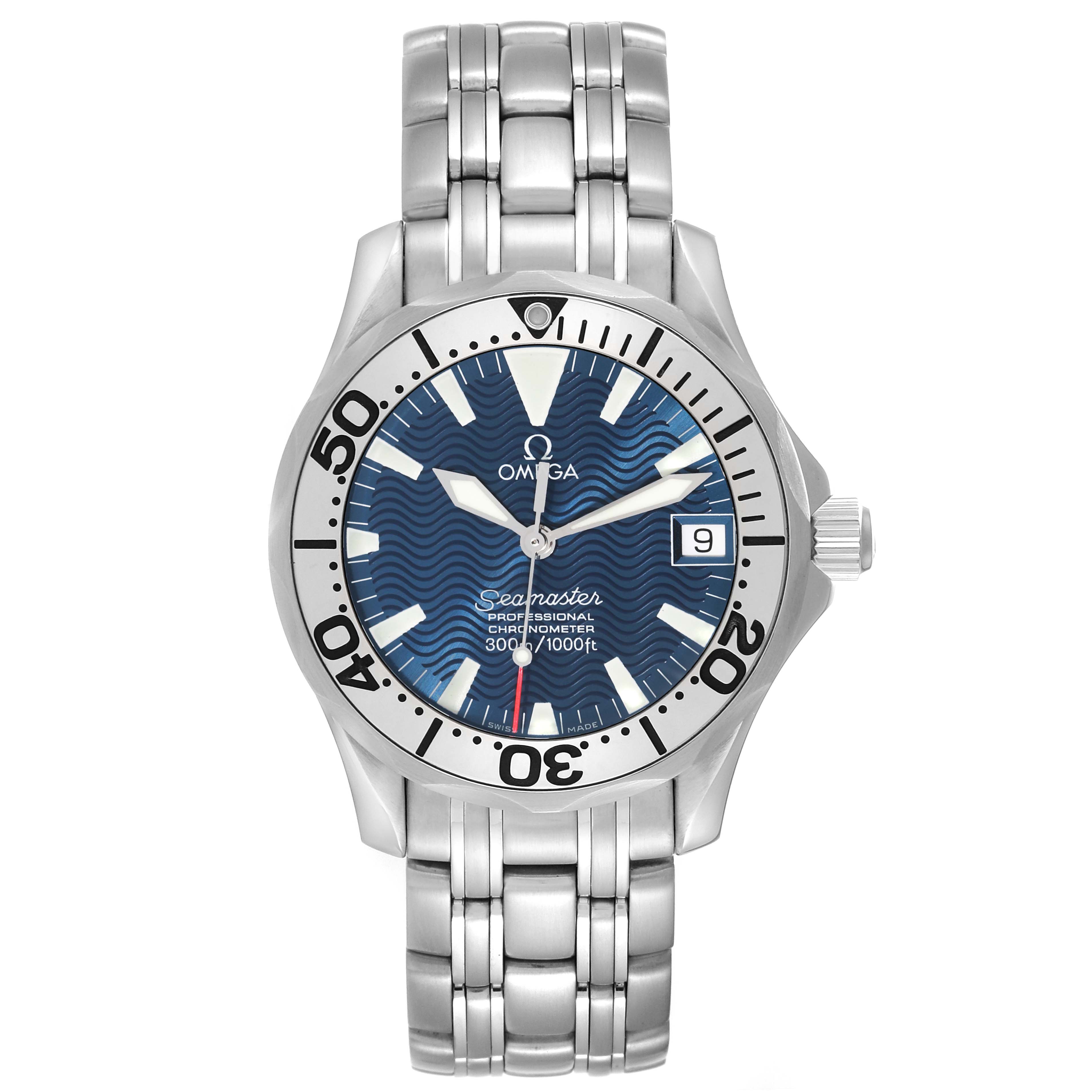 The image shows a front view of an Omega Seamaster 2253.80.00 Men
s Stainless Steel Blue Dial 2253.80.00 Men
s Stainless Steel Blue Dial watch, displaying the dial, bezel, crown, and stainless steel bracelet.