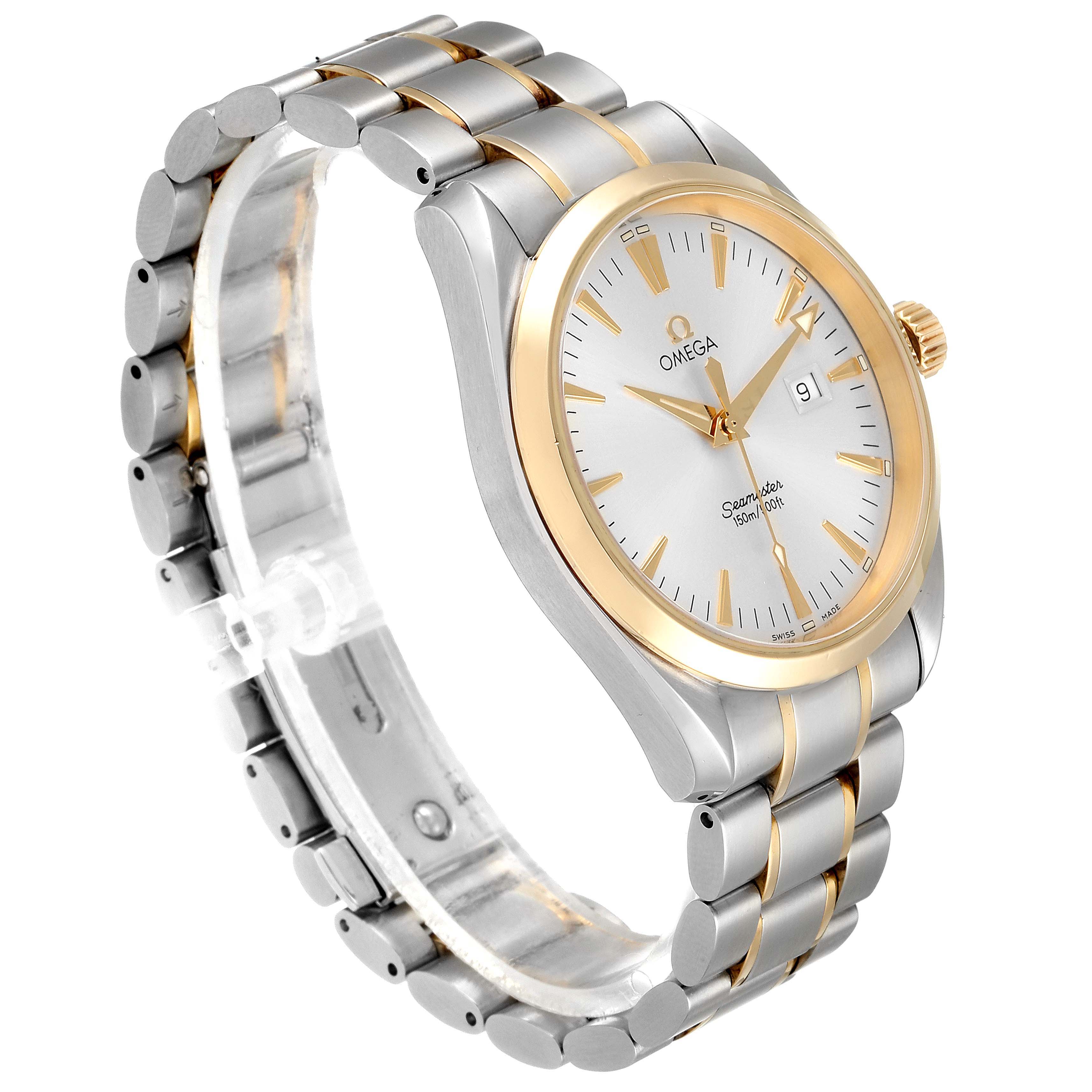 The Omega Aqua Terra 2317.30.00 Men's Steel and Gold (two tone) Silver Dial 2317.30.00 Men's Steel and Gold (two tone) Silver Dial watch is shown at a slight side angle, featuring its face, bezel, crown, and bracelet.