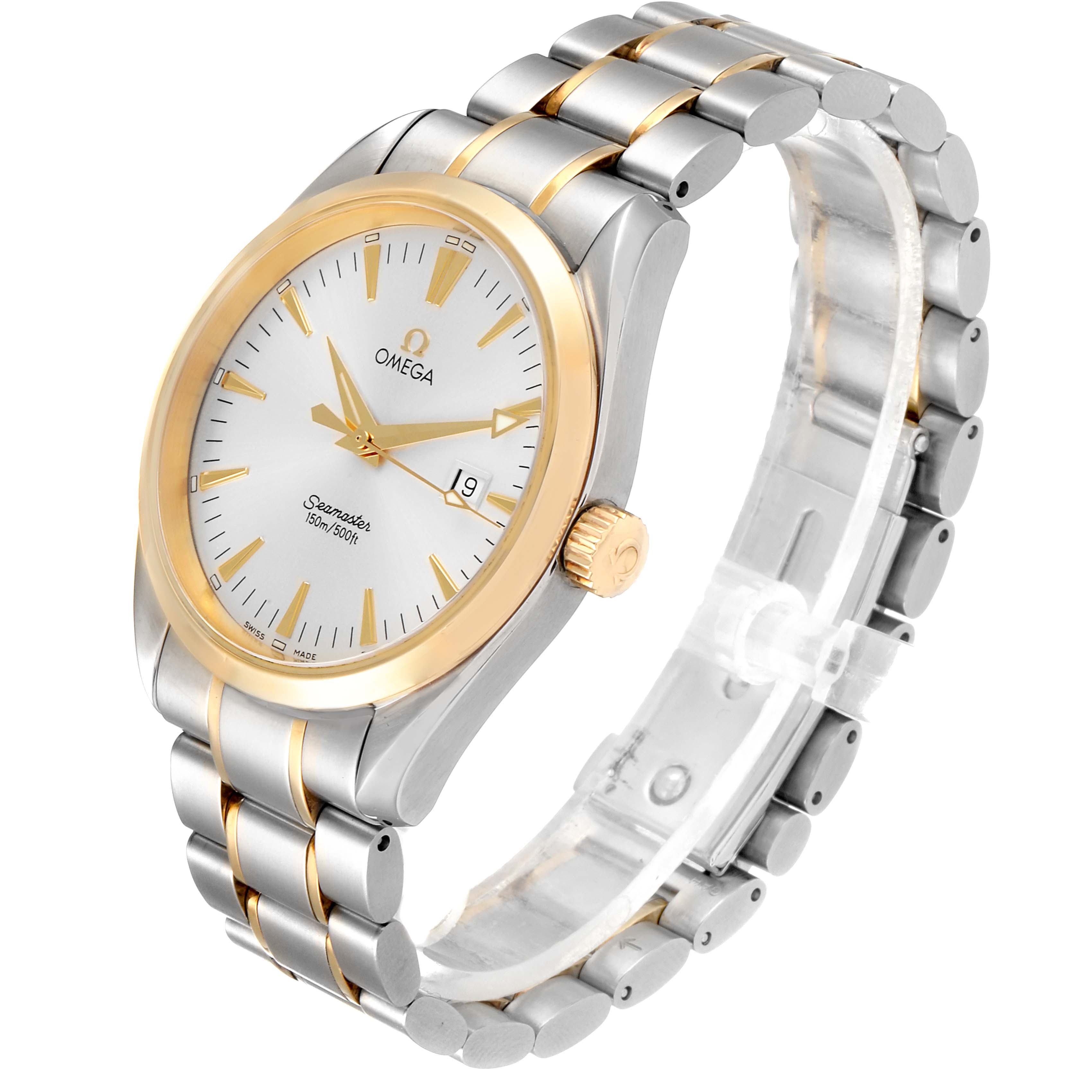 This Omega Aqua Terra 2317.30.00 Men's Steel and Gold (two tone) Silver Dial 2317.30.00 Men's Steel and Gold (two tone) Silver Dial watch is shown from an angled side-view, displaying its face, gold bezel, crown, and stainless-steel bracelet with gold accents.