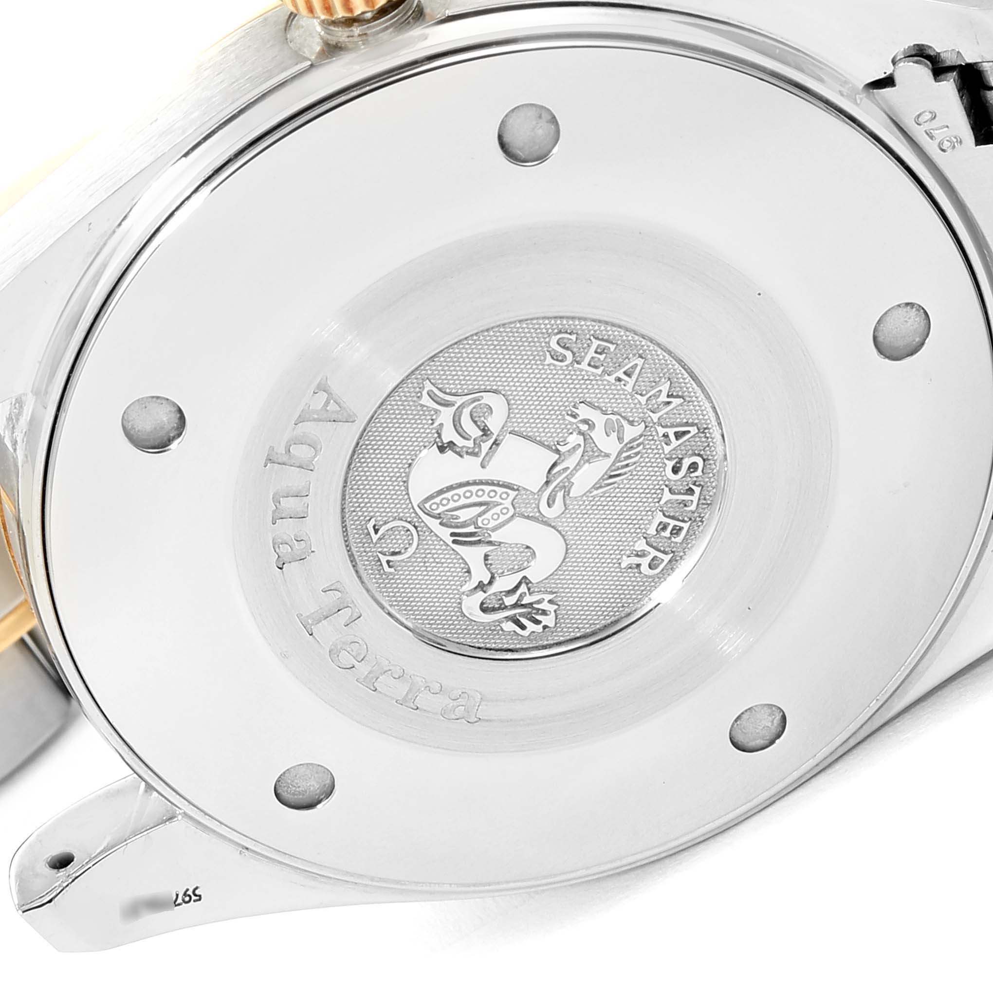 This image shows the back case of the Omega Aqua Terra 2317.30.00 Men's Steel and Gold (two tone) Silver Dial 2317.30.00 Men's Steel and Gold (two tone) Silver Dial watch, featuring the Seamaster emblem.