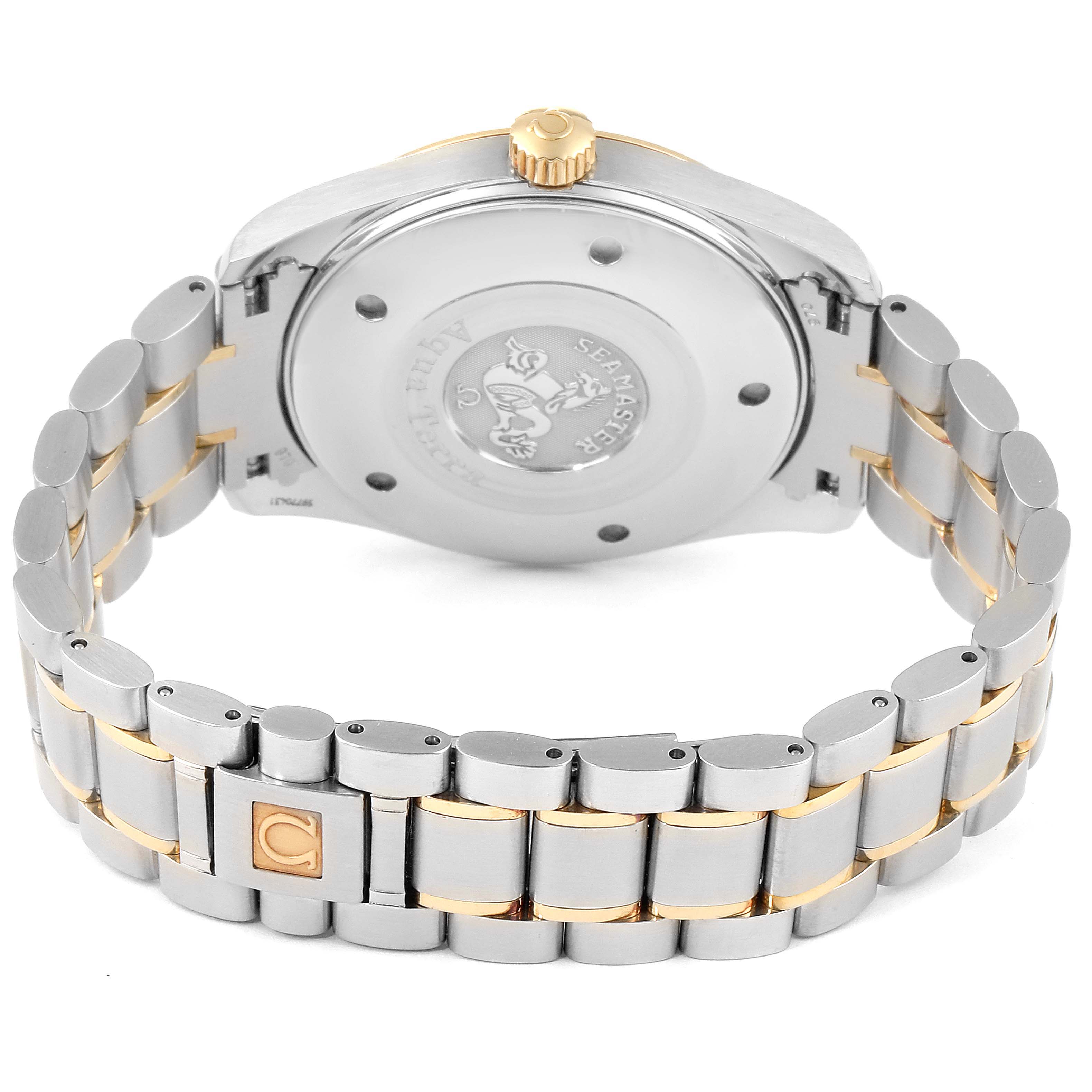 The image shows the back view of the Omega Aqua Terra 2317.30.00 Men's Steel and Gold (two tone) Silver Dial 2317.30.00 Men's Steel and Gold (two tone) Silver Dial watch, highlighting its case back, crown, and bracelet.