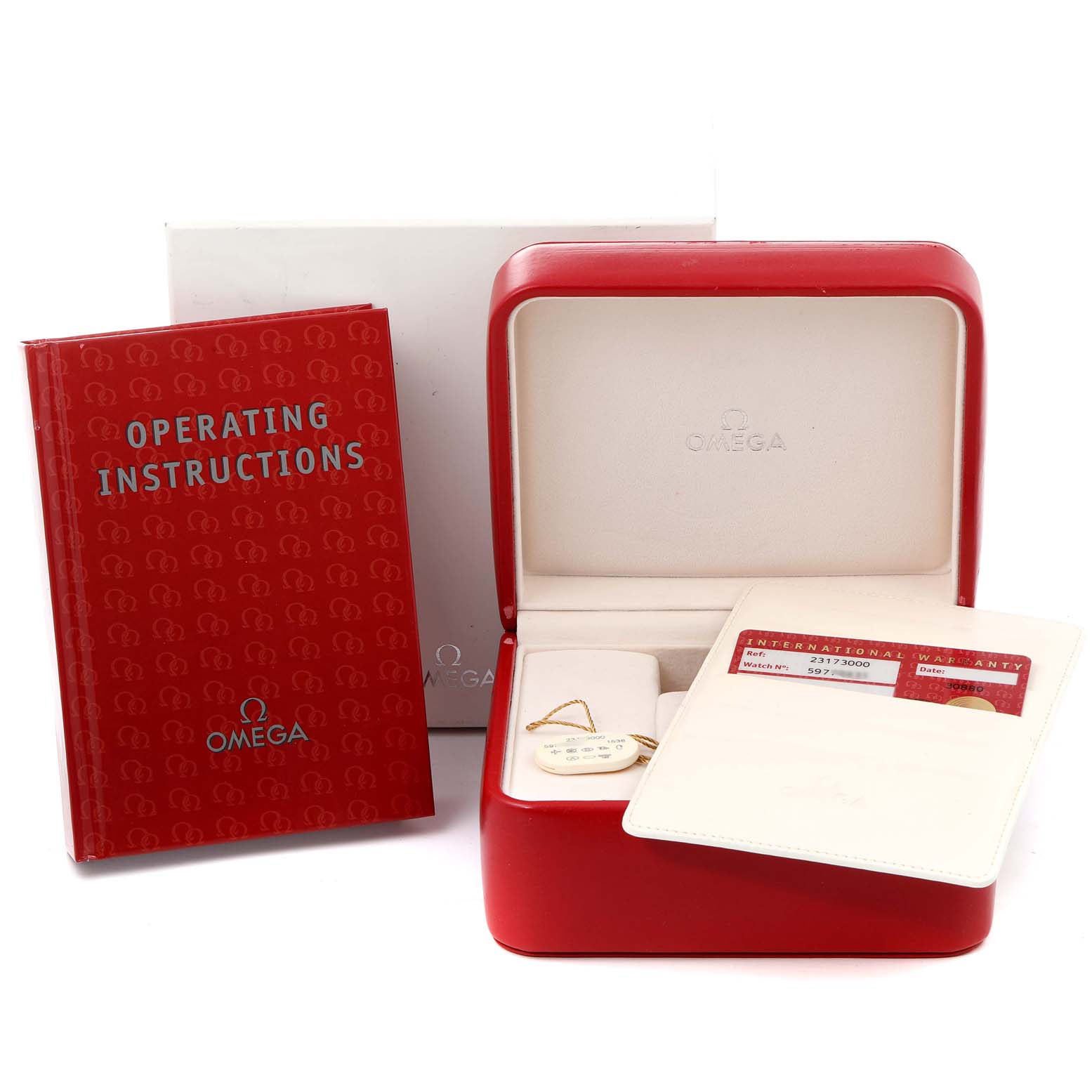 The image shows the packaging, including the box, warranty card, and operating instructions for the Omega Aqua Terra 2317.30.00 Men's Steel and Gold (two tone) Silver Dial 2317.30.00 Men's Steel and Gold (two tone) Silver Dial model.