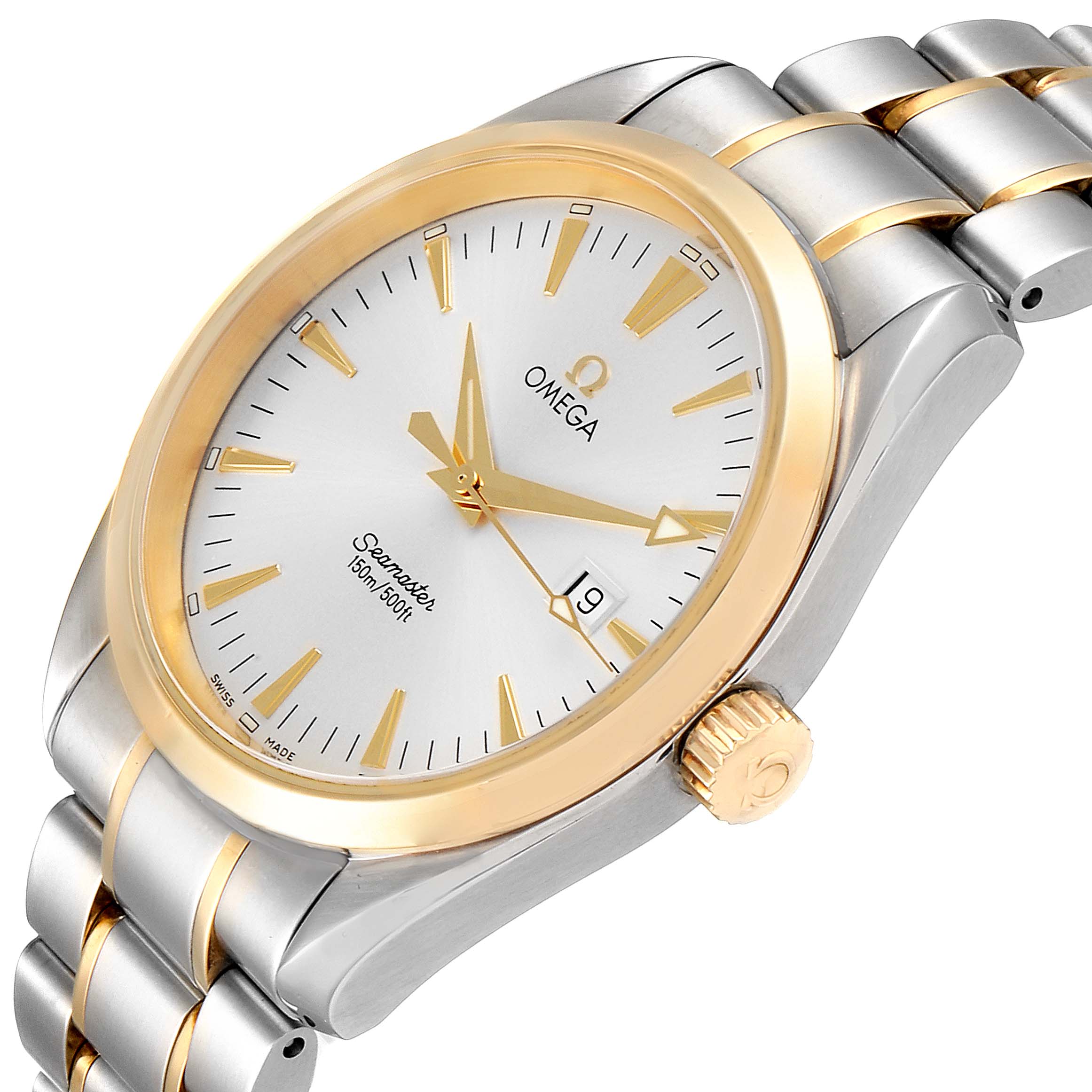 The image shows an Omega Aqua Terra 2317.30.00 Men's Steel and Gold (two tone) Silver Dial 2317.30.00 Men's Steel and Gold (two tone) Silver Dial watch at an angle focusing on the face, crown, and part of the bracelet.