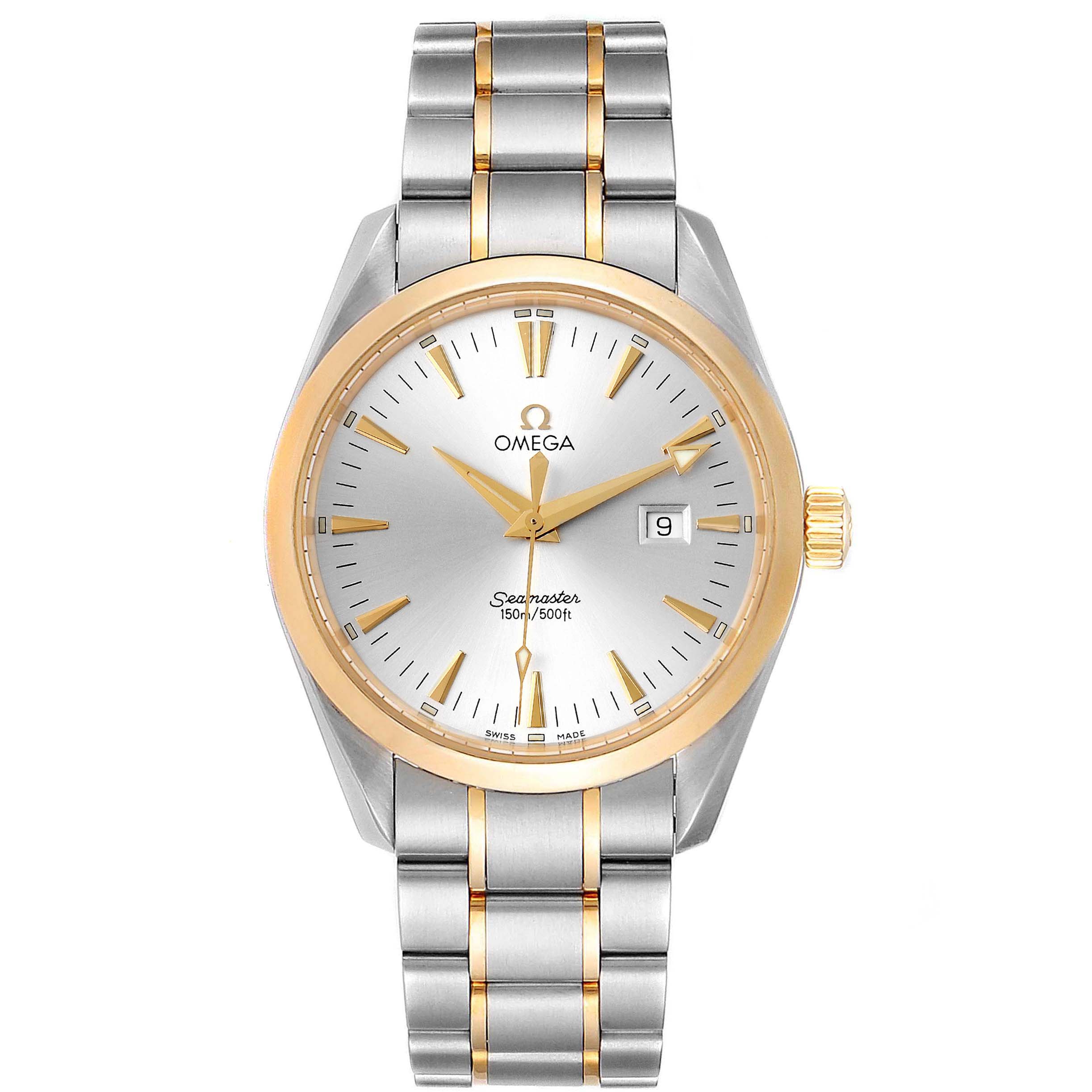 The image shows an Omega Aqua Terra 2317.30.00 Men's Steel and Gold (two tone) Silver Dial 2317.30.00 Men's Steel and Gold (two tone) Silver Dial watch from a front view, showcasing the dial, bezel, and bracelet.