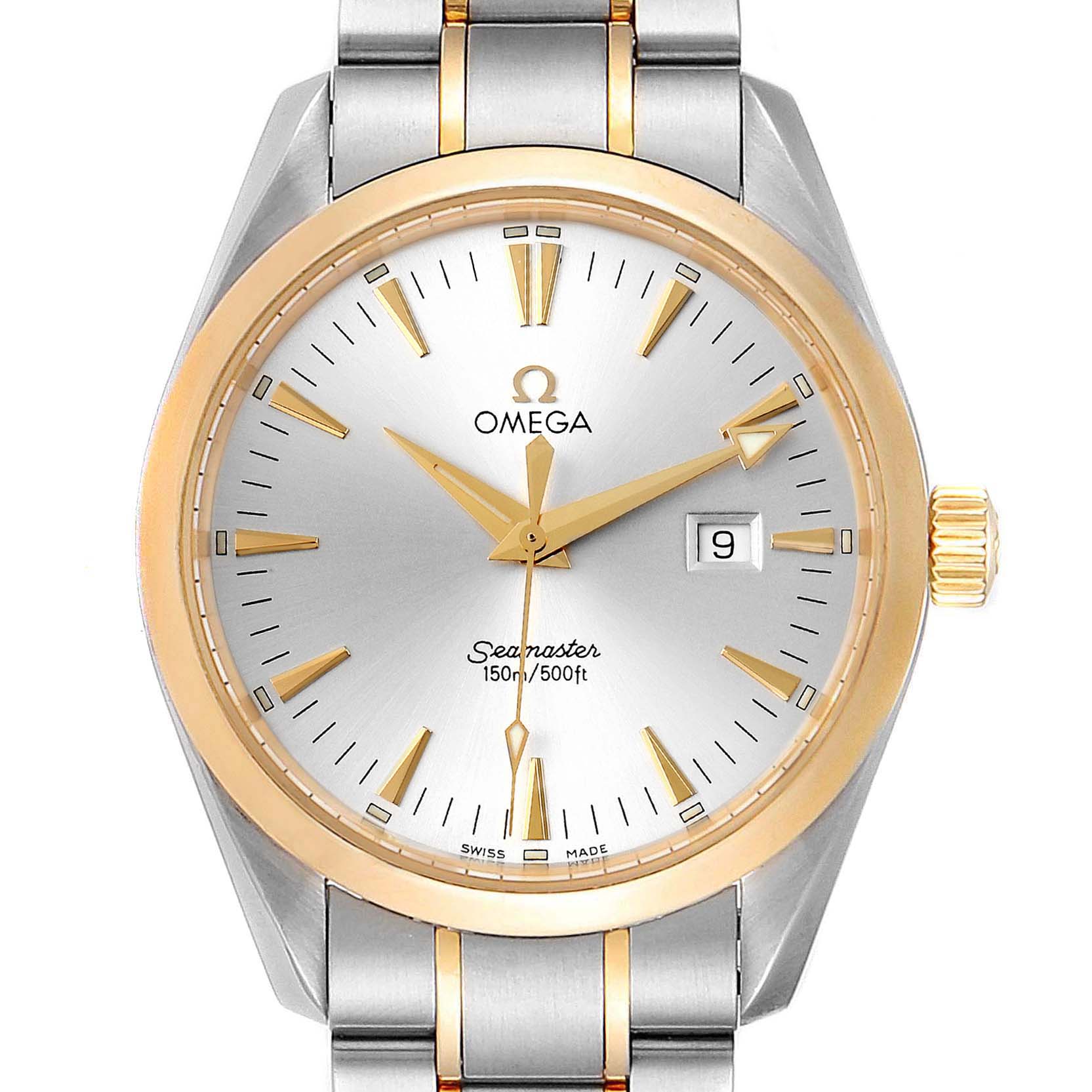 The image shows a front view of the Omega Aqua Terra 2317.30.00 Men's Steel and Gold (two tone) Silver Dial 2317.30.00 Men's Steel and Gold (two tone) Silver Dial watch, featuring its dial, date window, bezel, and part of the bracelet.