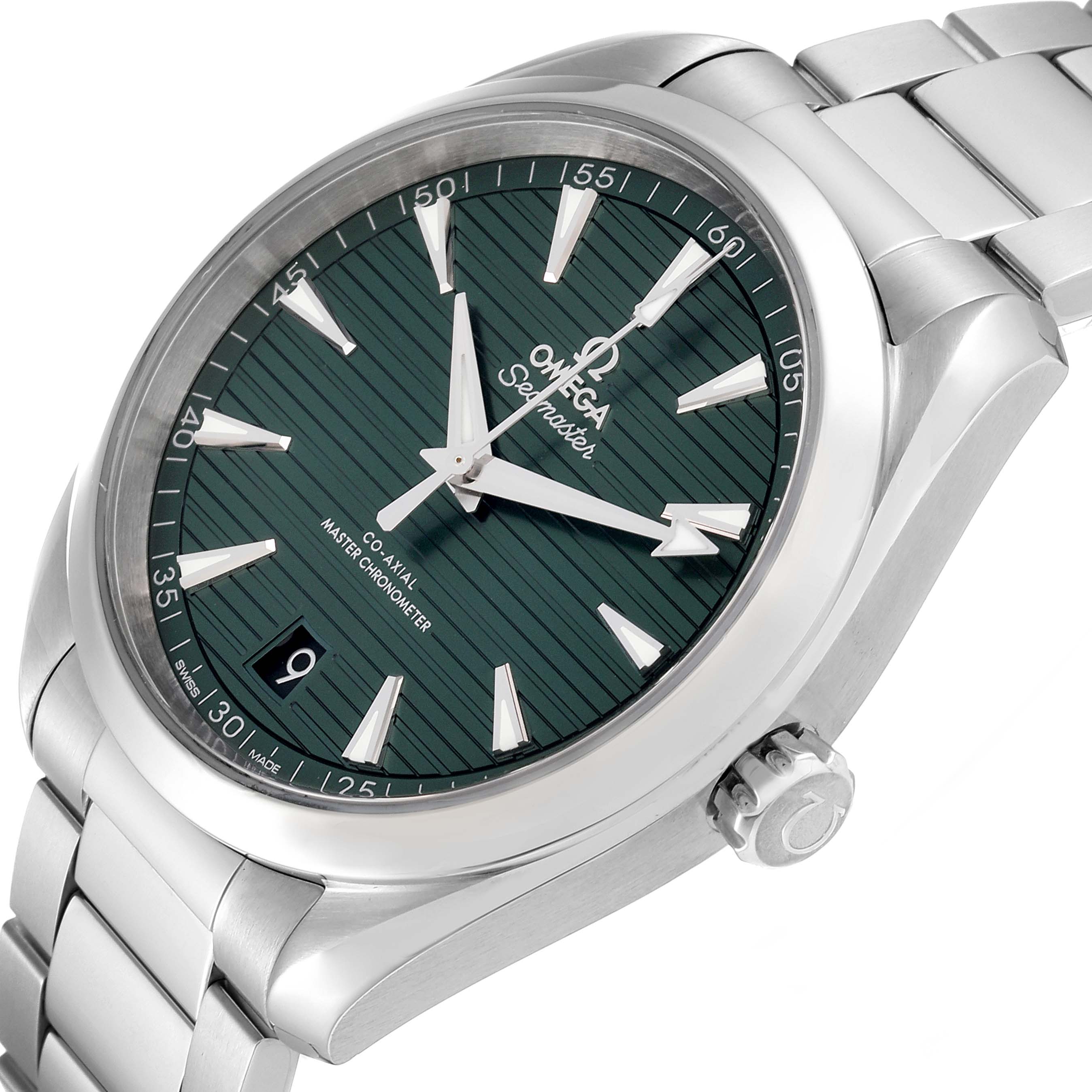 The image shows an Omega Aqua Terra 220.10.41.21.10.001 Men's Stainless Steel Green Dial 220.10.41.21.10.001 Men's Stainless Steel Green Dial watch at an angled close-up view, highlighting the dial, hands, bezel, and part of the bracelet.