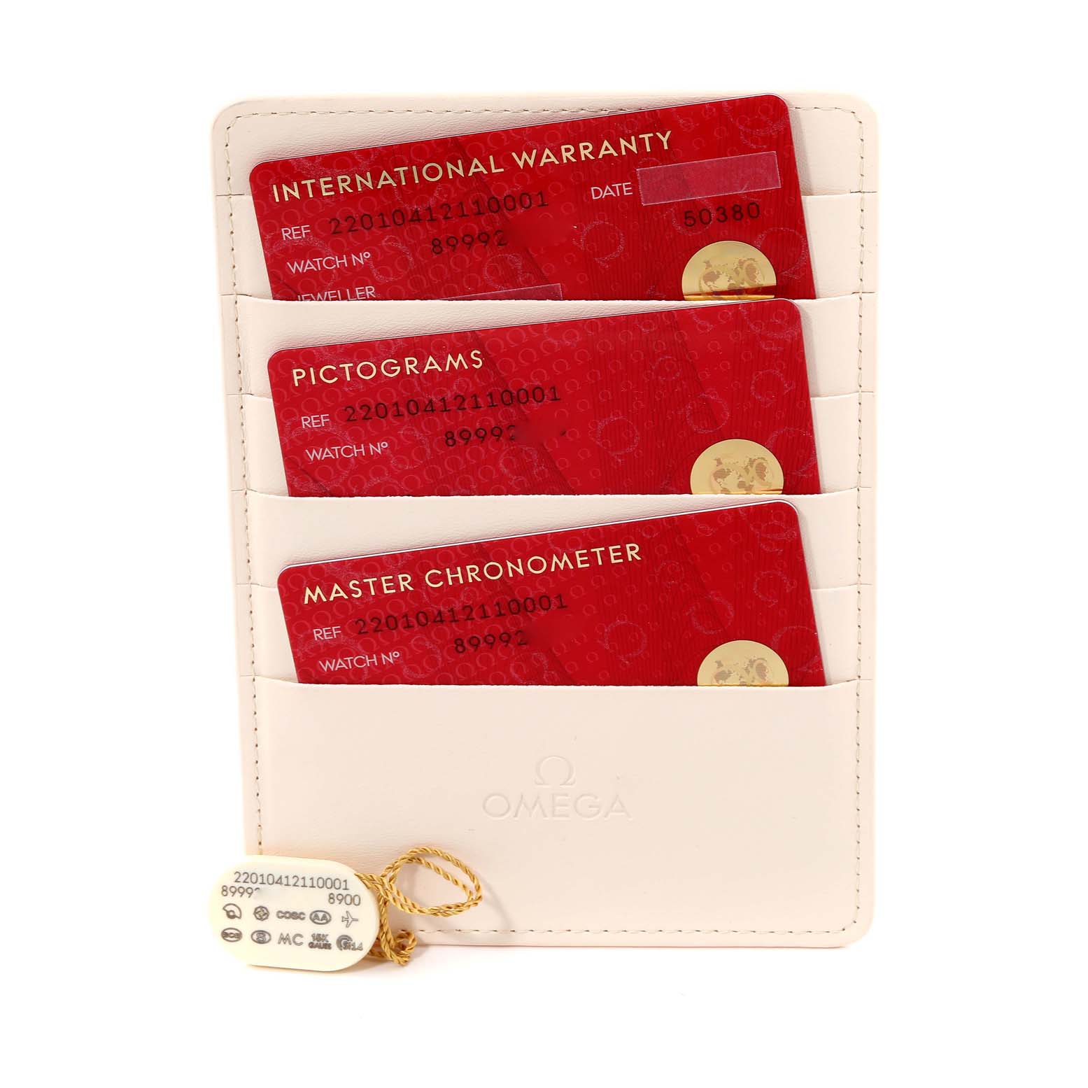 This image shows warranty cards, a pictogram card, a Master Chronometer card, and a tag for the Omega Aqua Terra 220.10.41.21.10.001 Men's Stainless Steel Green Dial 220.10.41.21.10.001 Men's Stainless Steel Green Dial model.