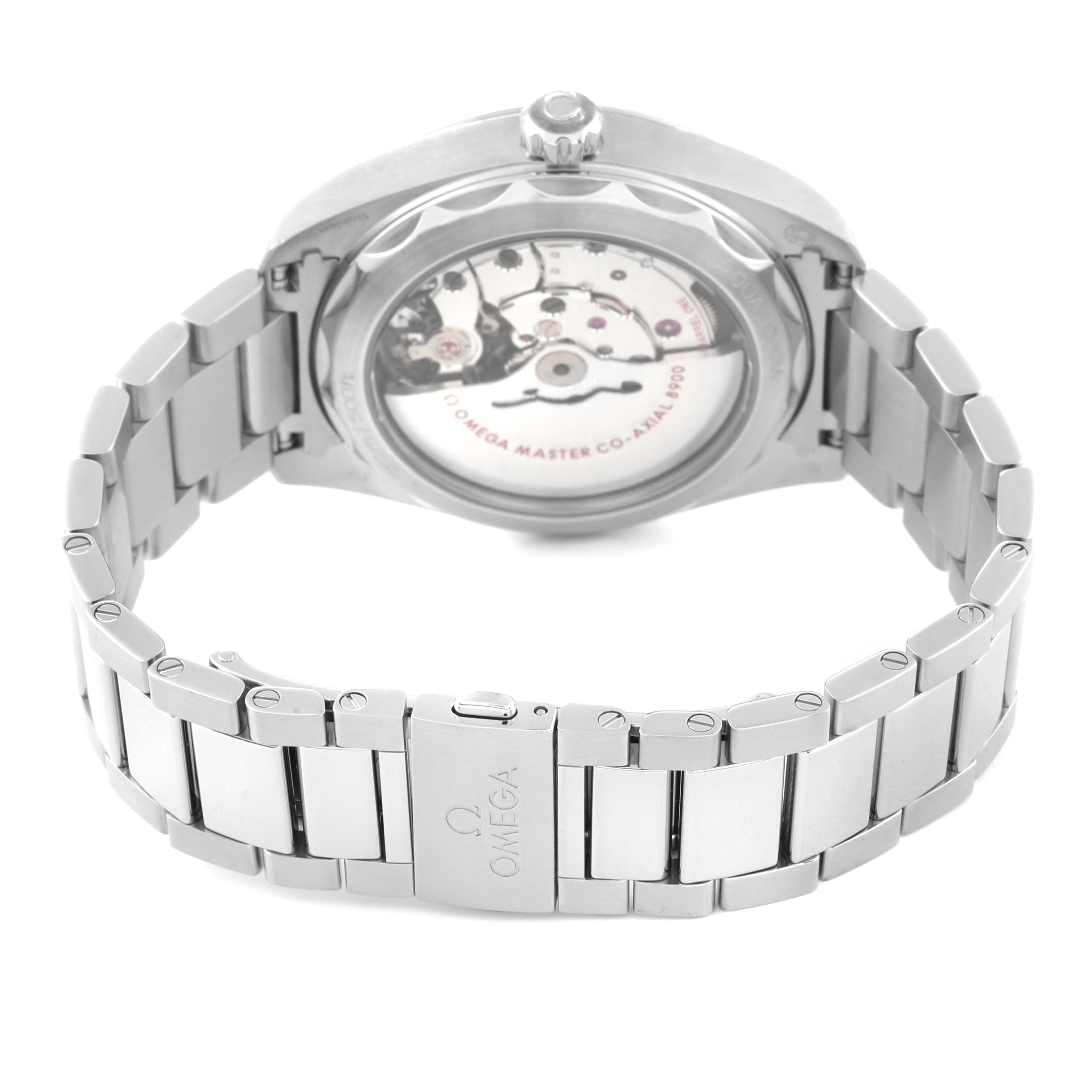 The image shows the back of an Omega Aqua Terra 220.10.41.21.10.001 Men's Stainless Steel Green Dial 220.10.41.21.10.001 Men's Stainless Steel Green Dial watch, highlighting its movement and bracelet.