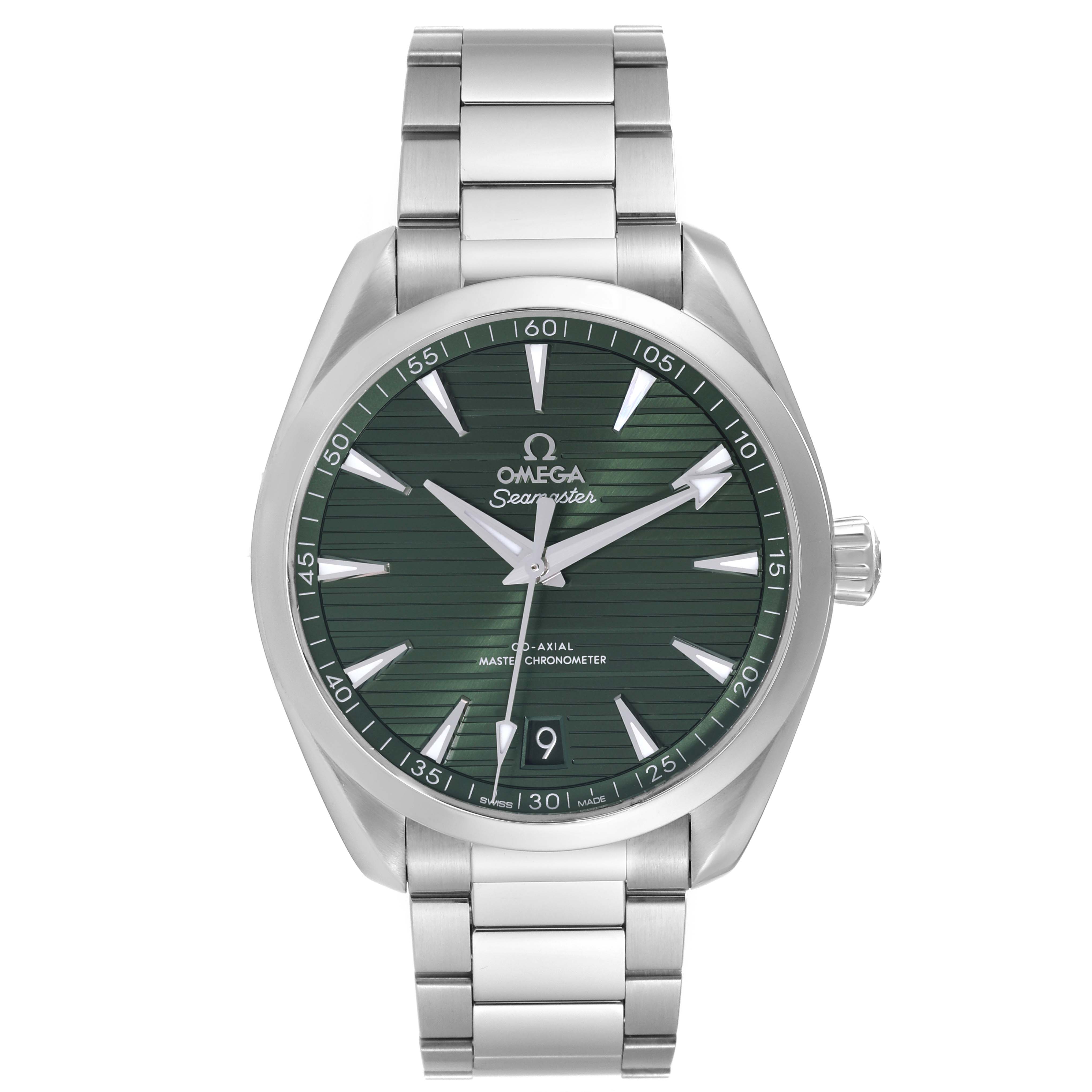 The image shows the front view of an Omega Aqua Terra 220.10.41.21.10.001 Men's Stainless Steel Green Dial 220.10.41.21.10.001 Men's Stainless Steel Green Dial watch, highlighting its face, bezel, and bracelet.