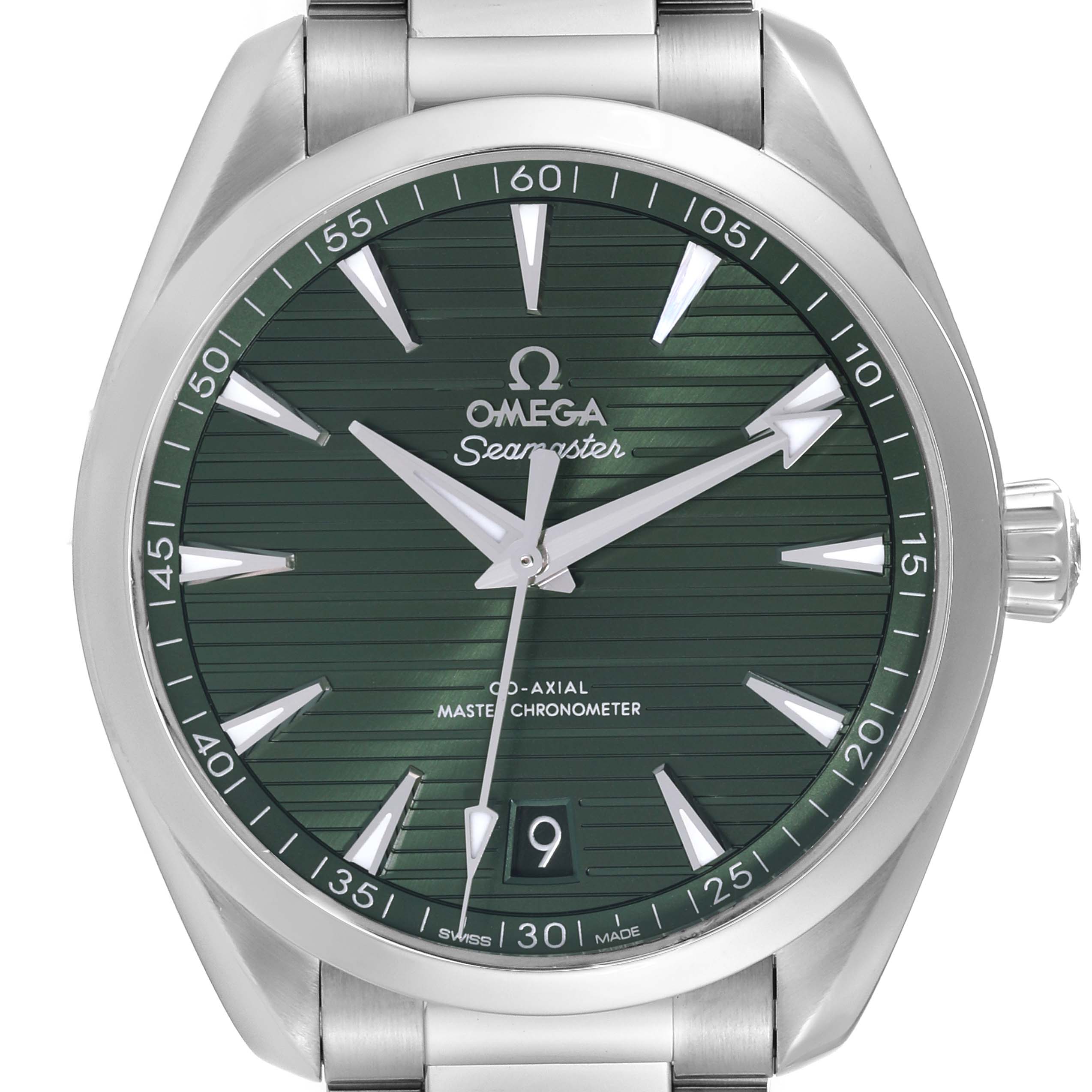 The image shows a front view of the Omega Seamaster Aqua Terra watch, featuring its green dial, hour markers, and date window.