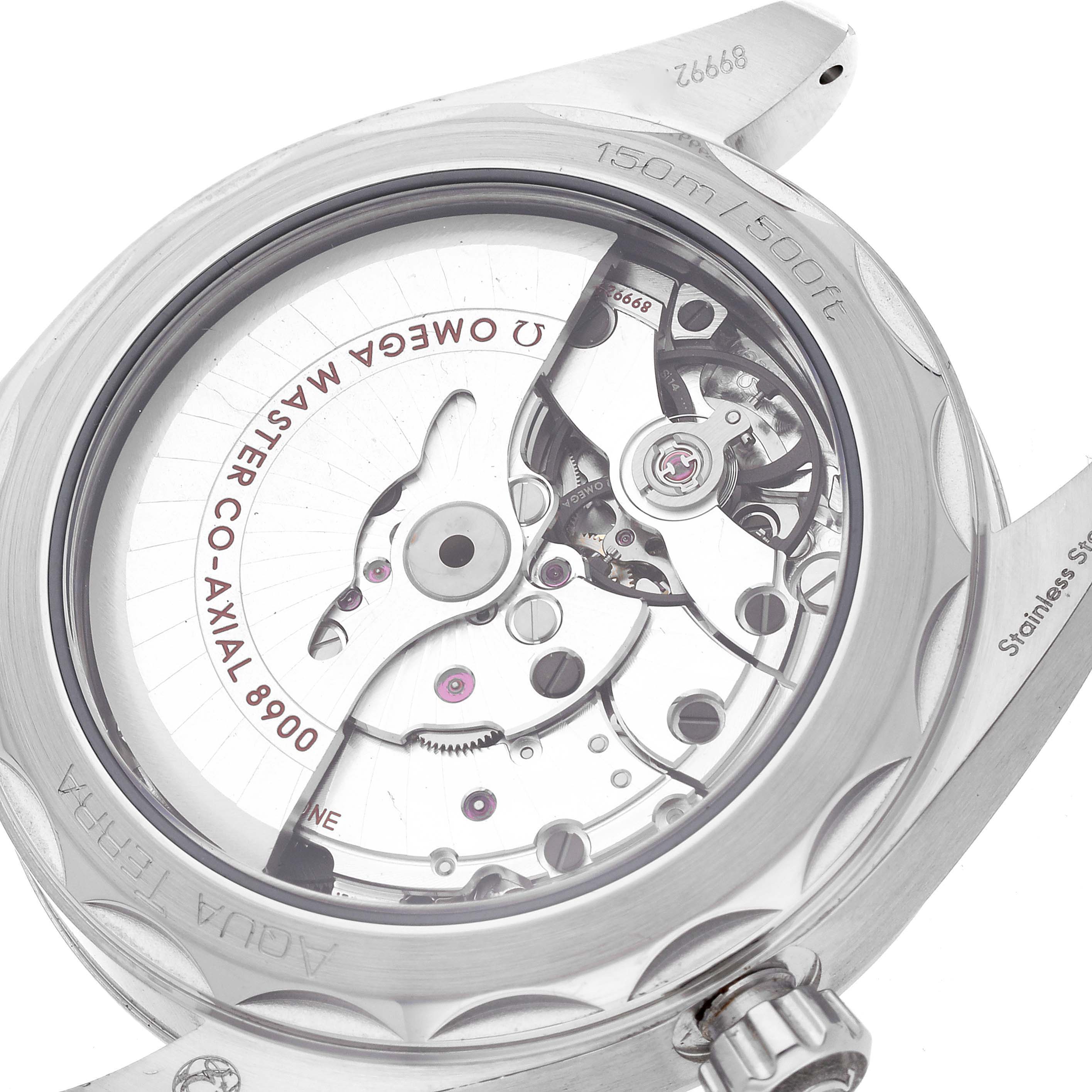 This image shows the back view of the Omega Aqua Terra 220.10.41.21.10.001 Men's Stainless Steel Green Dial 220.10.41.21.10.001 Men's Stainless Steel Green Dial model, highlighting its movement and transparent case back.