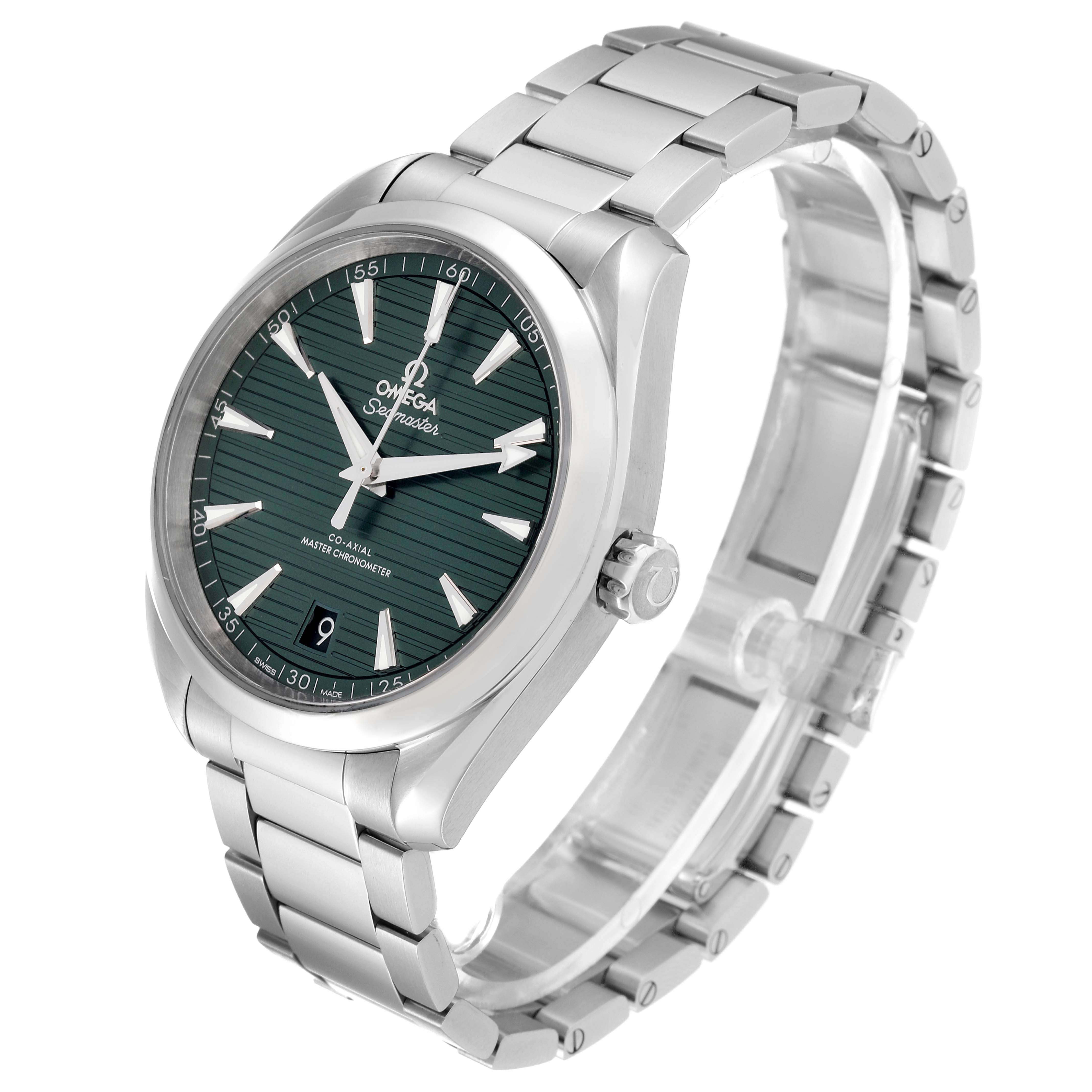 This Omega Aqua Terra 220.10.41.21.10.001 Men's Stainless Steel Green Dial 220.10.41.21.10.001 Men's Stainless Steel Green Dial model watch is shown at an angled side view, displaying its green dial, bracelet, and crown.