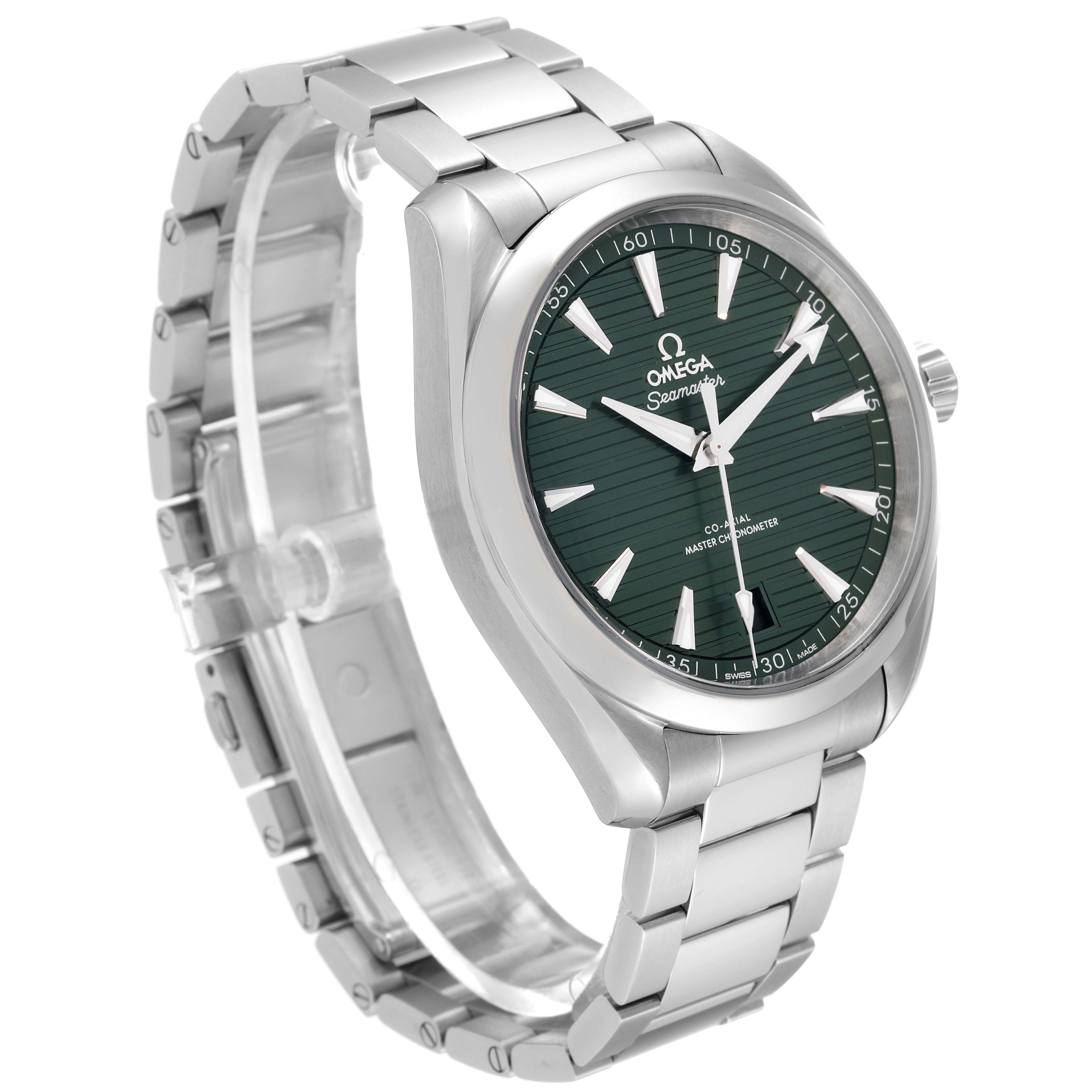 The Omega Aqua Terra 220.10.41.21.10.001 Men's Stainless Steel Green Dial 220.10.41.21.10.001 Men's Stainless Steel Green Dial watch is shown at a three-quarter angle, highlighting the face, bracelet, and clasp.