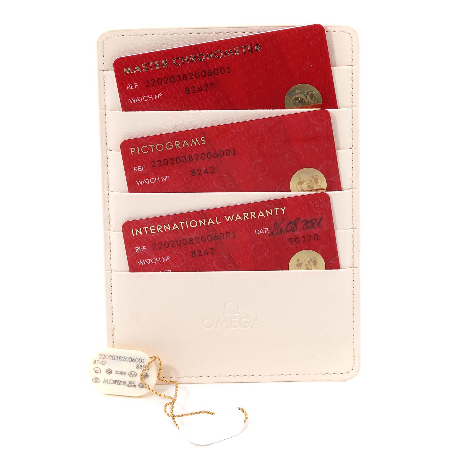 The image shows the cards of an Omega Aqua Terra 220.20.38.20.06.001 Men's Steel and Gold (two tone) Grey Dial 220.20.38.20.06.001 Men's Steel and Gold (two tone) Grey Dial watch, including Master Chronometer, Pictograms, and International Warranty cards.