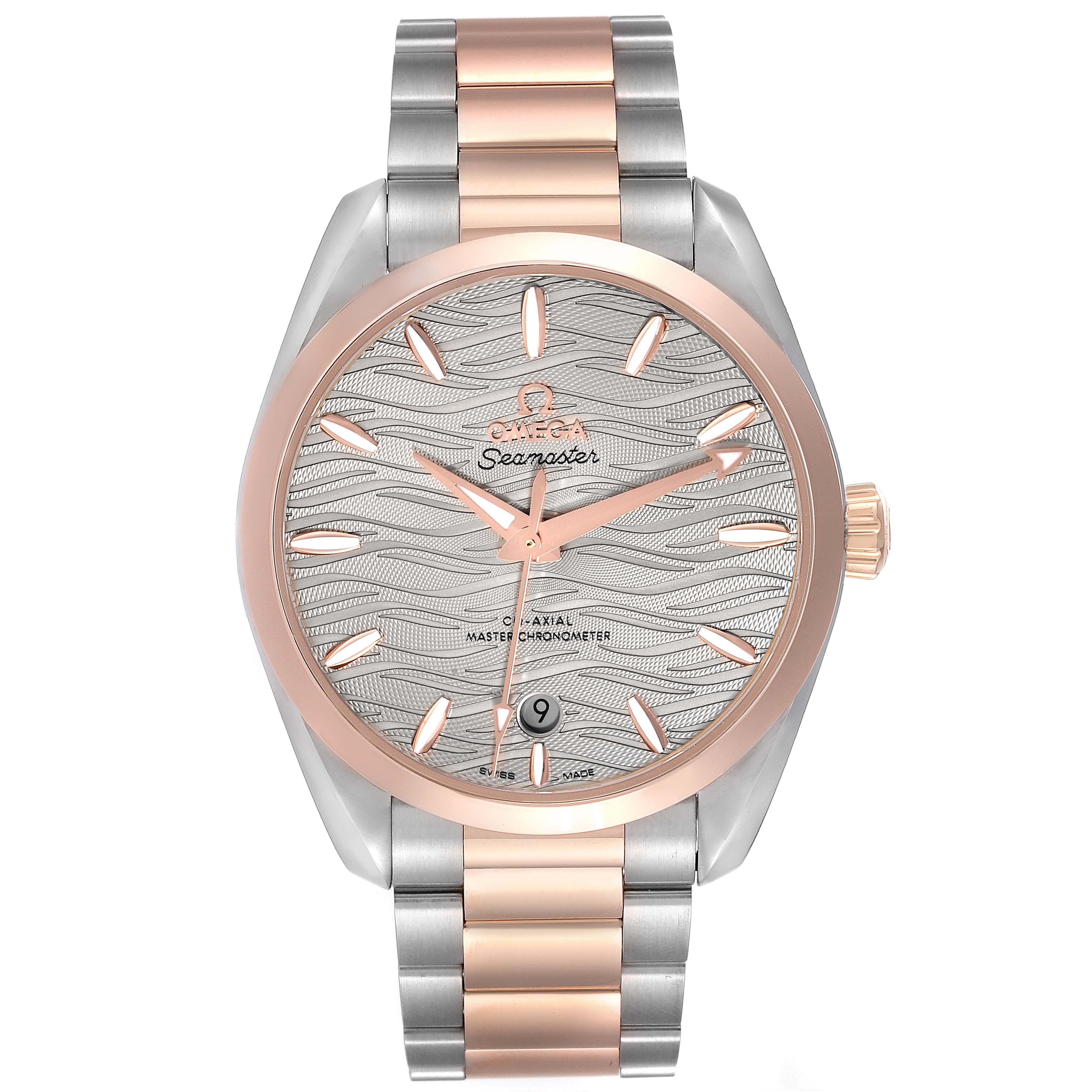 This image shows the face and bracelet of an Omega Seamaster Aqua Terra watch, taken from a front angle.