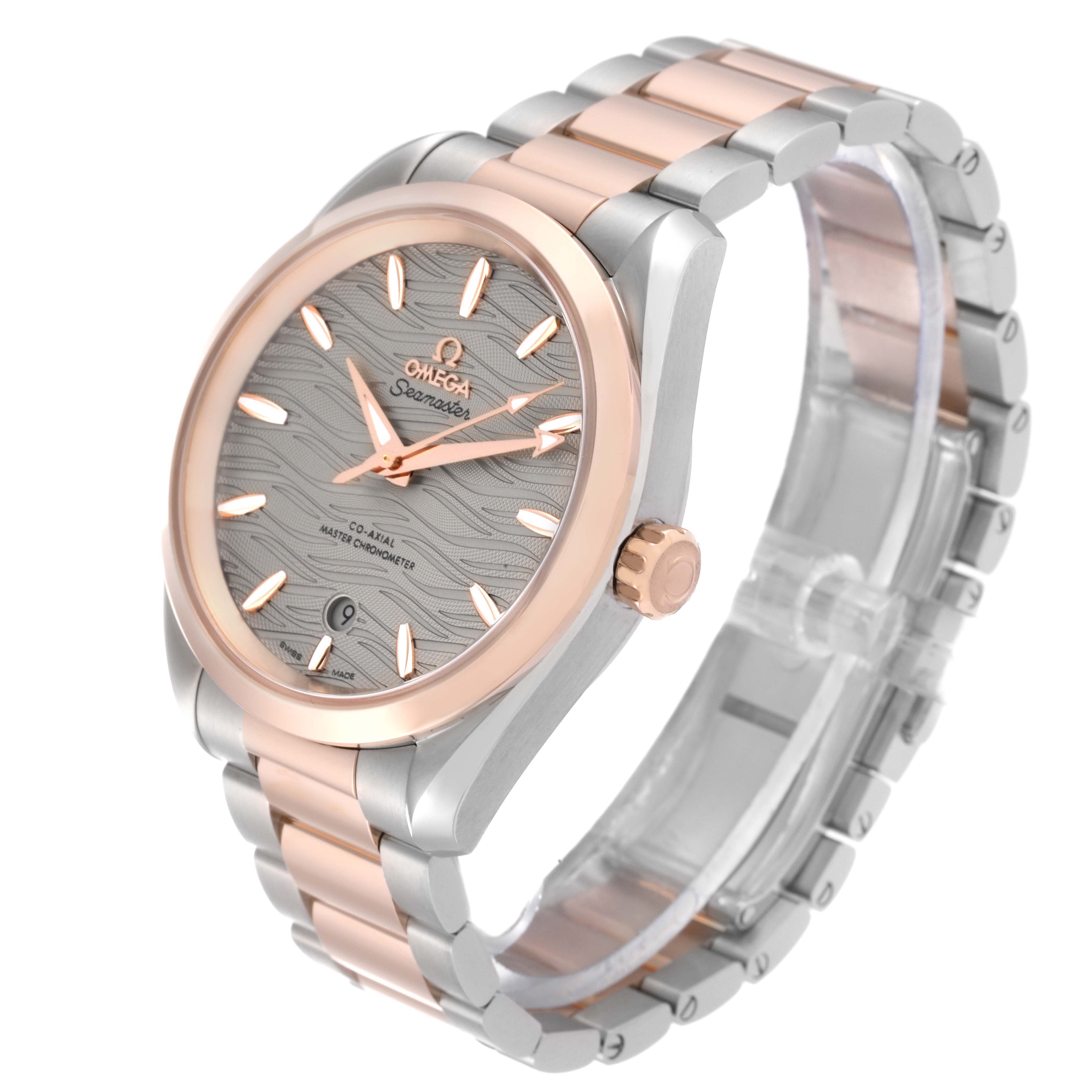 The Aqua Terra model by Omega is shown at a slightly tilted angle, displaying its dial, bezel, crown, and part of the bracelet.