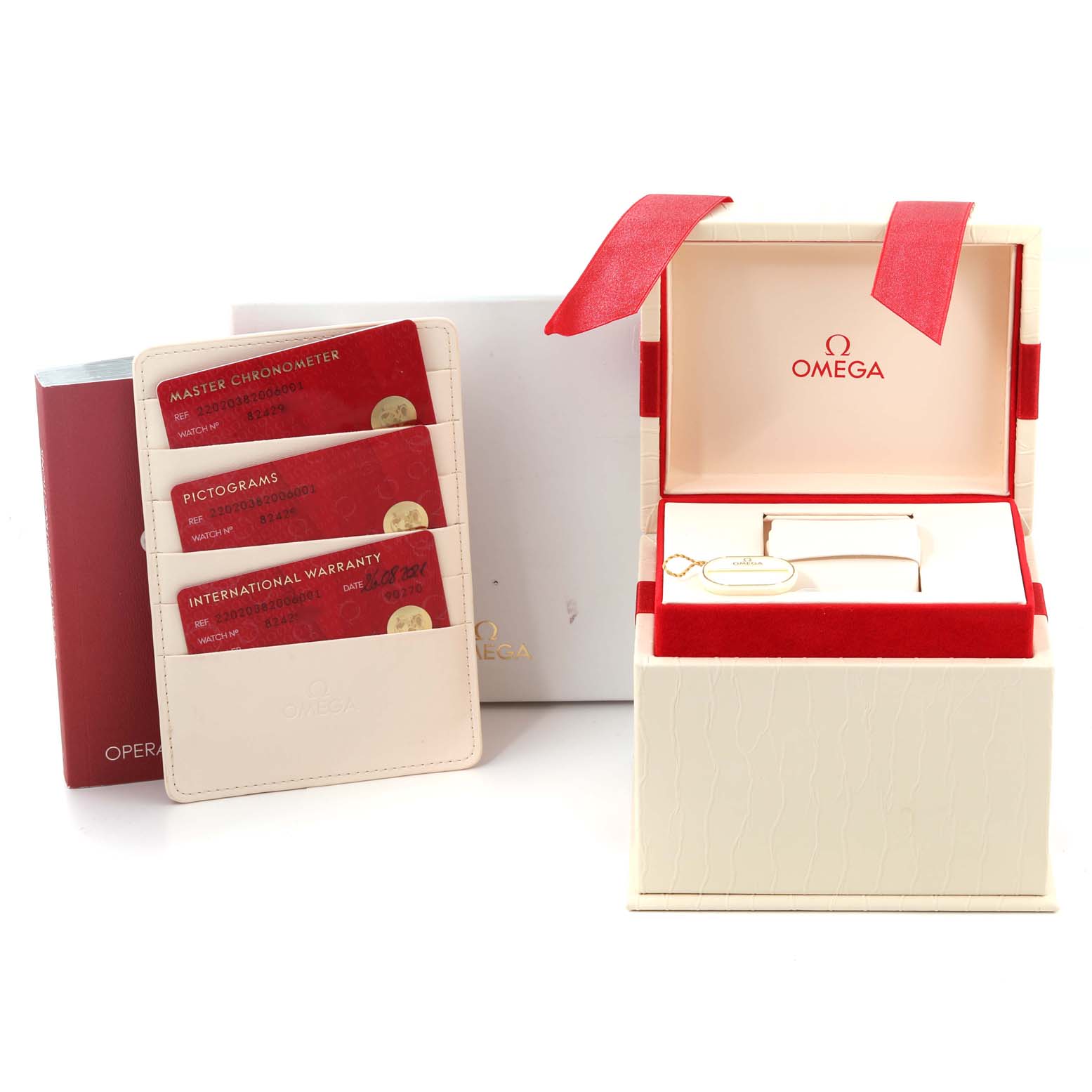 The image shows the packaging, warranty cards, manuals, and box for an Omega Aqua Terra 220.20.38.20.06.001 Men's Steel and Gold (two tone) Grey Dial 220.20.38.20.06.001 Men's Steel and Gold (two tone) Grey Dial model watch.