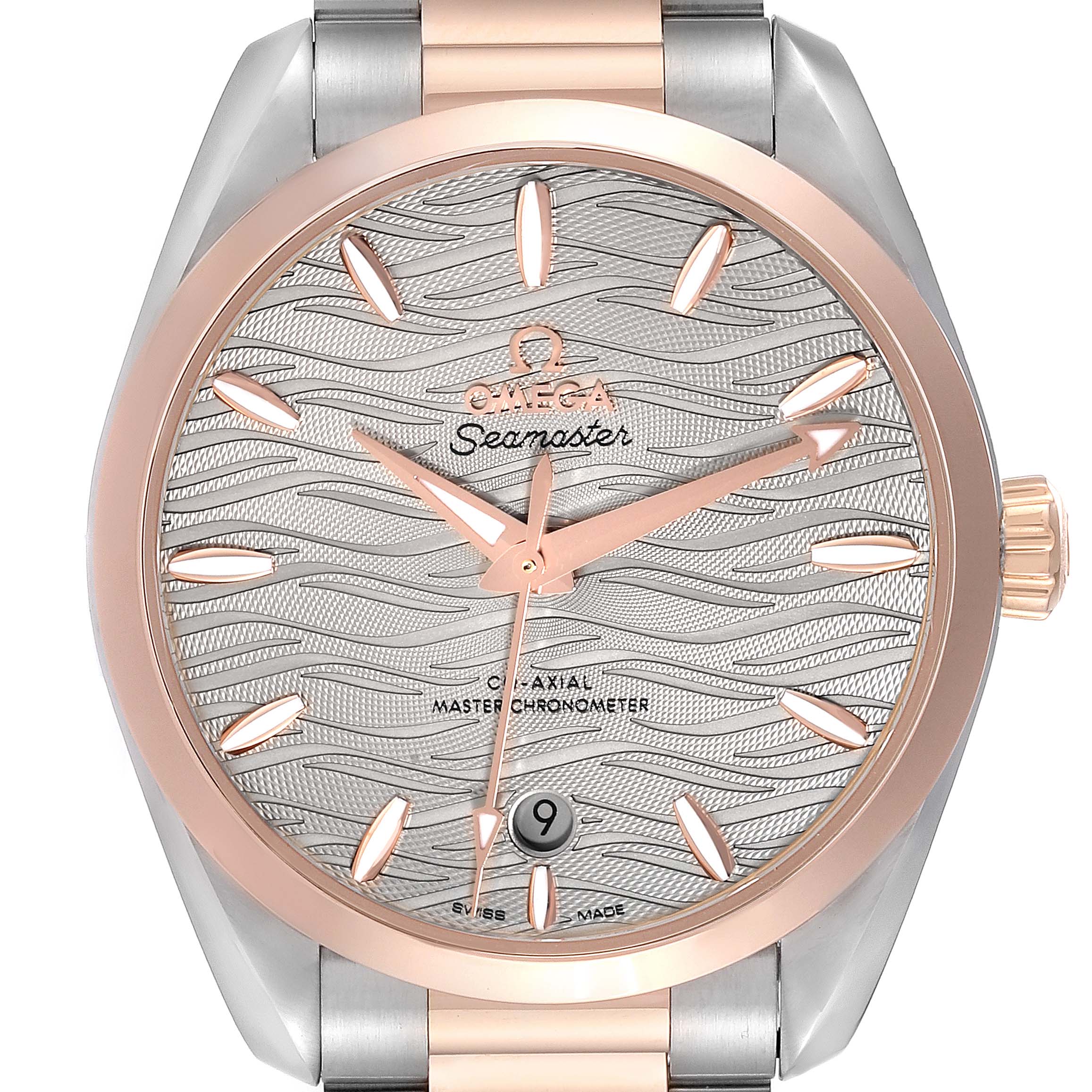 The image shows a close-up, front view of the Omega Aqua Terra 220.20.38.20.06.001 Men's Steel and Gold (two tone) Grey Dial 220.20.38.20.06.001 Men's Steel and Gold (two tone) Grey Dial's dial and part of its metal band.