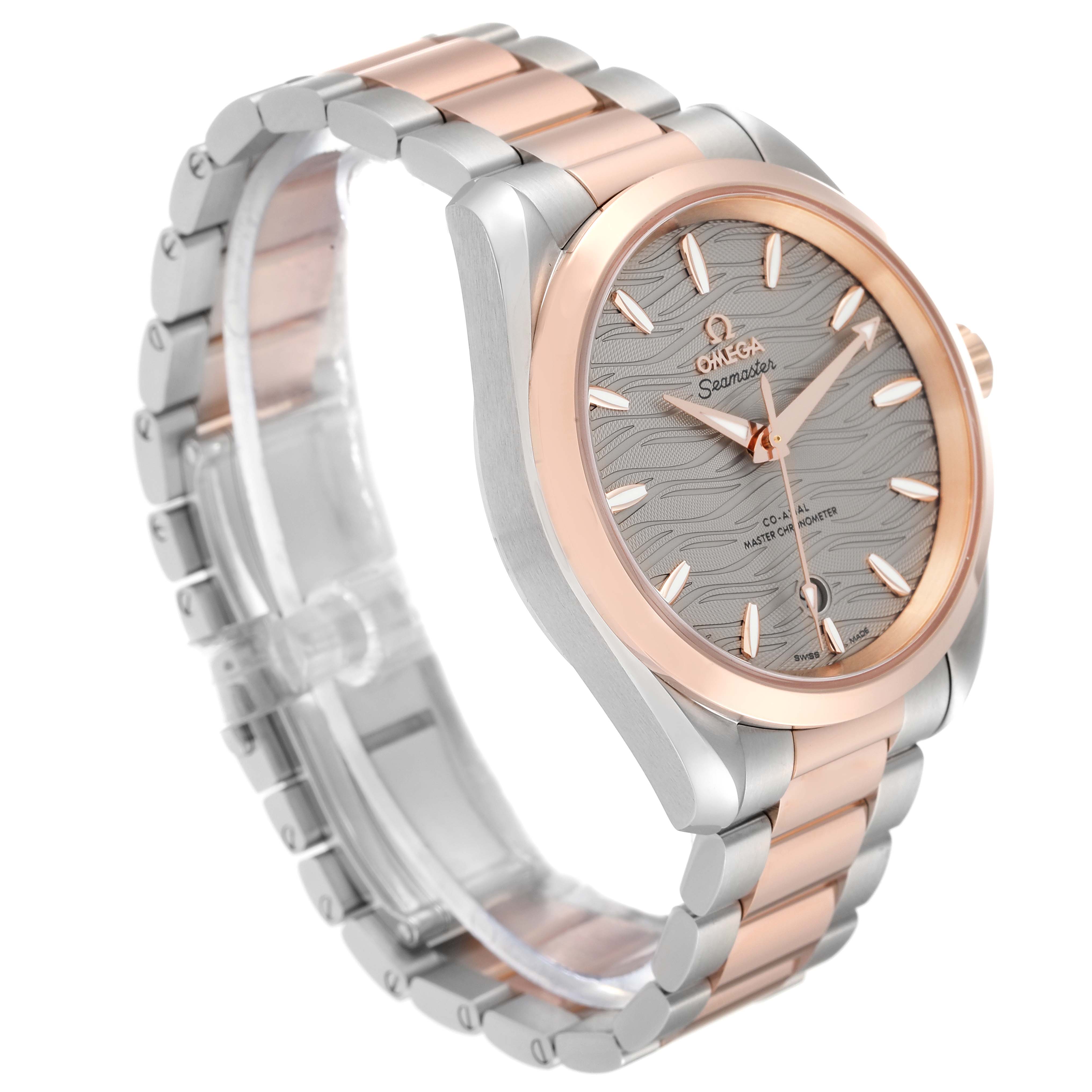 The Omega Aqua Terra 220.20.38.20.06.001 Men's Steel and Gold (two tone) Grey Dial 220.20.38.20.06.001 Men's Steel and Gold (two tone) Grey Dial watch is shown from a slightly angled side view, highlighting the dial, bezel, and bracelet.