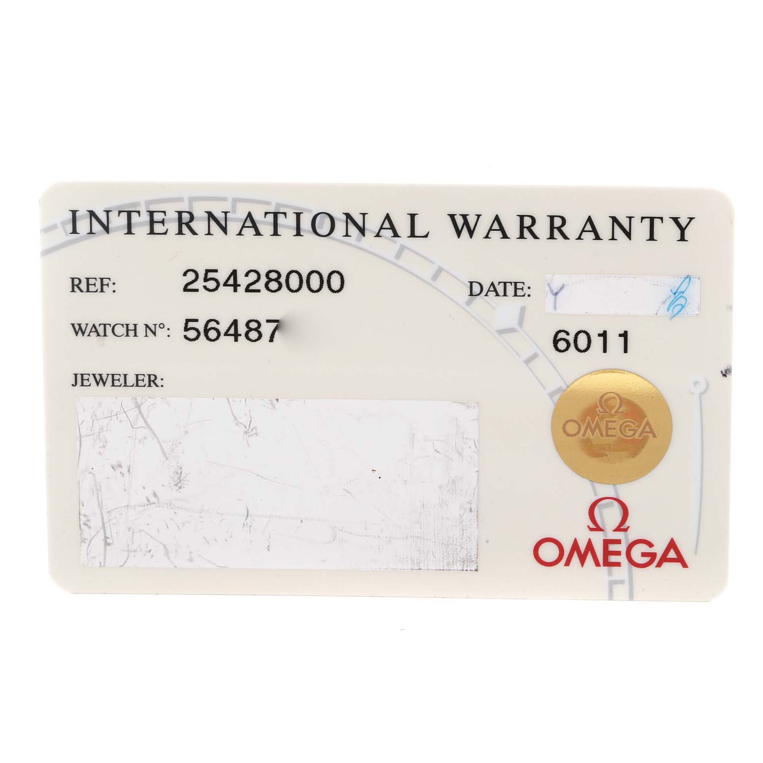The image shows the international warranty card for the Omega Seamaster 2542.80.00 Men
s Stainless Steel Blue Dial 2542.80.00 Men
s Stainless Steel Blue Dial watch model.