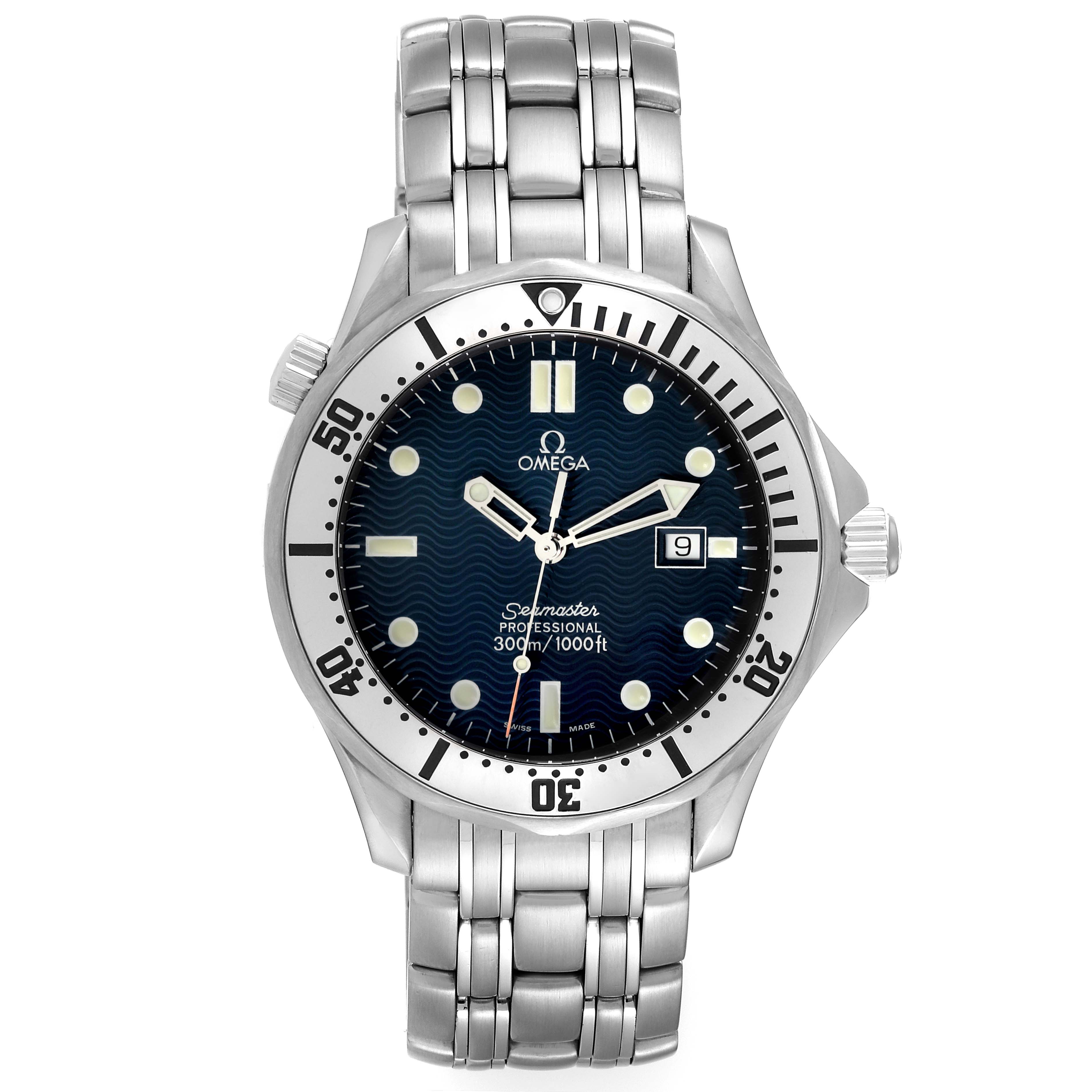 The image shows a front view of an Omega Seamaster 2542.80.00 Men
s Stainless Steel Blue Dial 2542.80.00 Men
s Stainless Steel Blue Dial watch, highlighting the dial, bezel, bracelet, and crown.