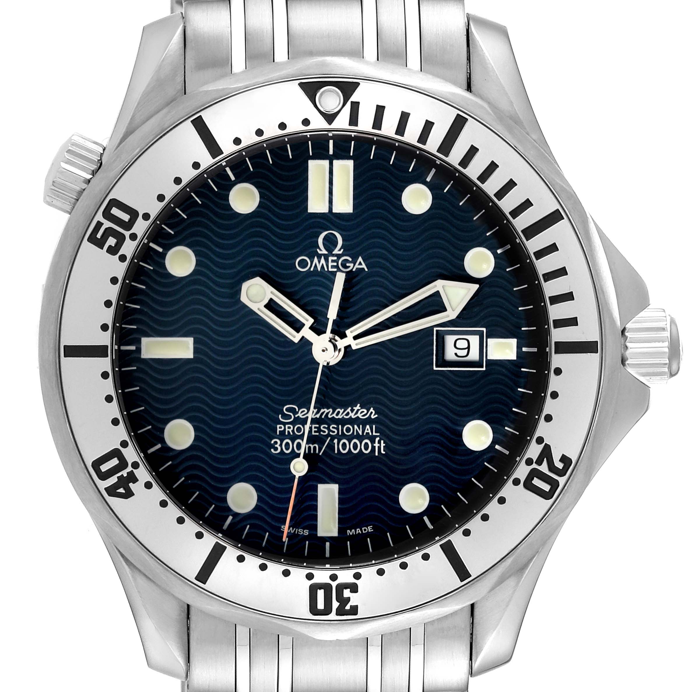 This is a front view of the Omega Seamaster 2542.80.00 Men
s Stainless Steel Blue Dial 2542.80.00 Men
s Stainless Steel Blue Dial watch, showing the dial, bezel, hands, and part of the metal bracelet.