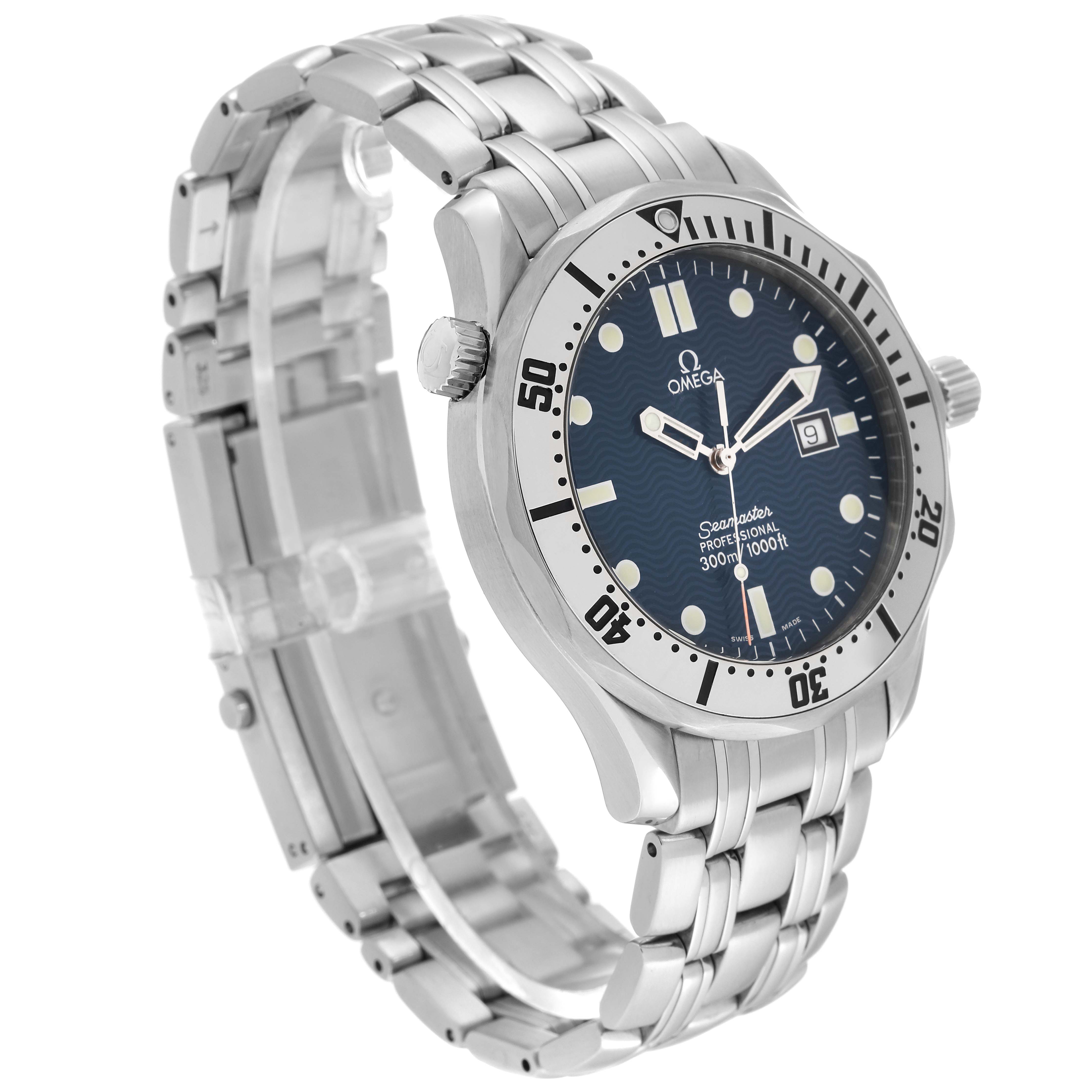 The Omega Seamaster 2542.80.00 Men
s Stainless Steel Blue Dial 2542.80.00 Men
s Stainless Steel Blue Dial watch is shown at a three-quarter angle, highlighting the face, bezel, crown, and stainless steel bracelet.