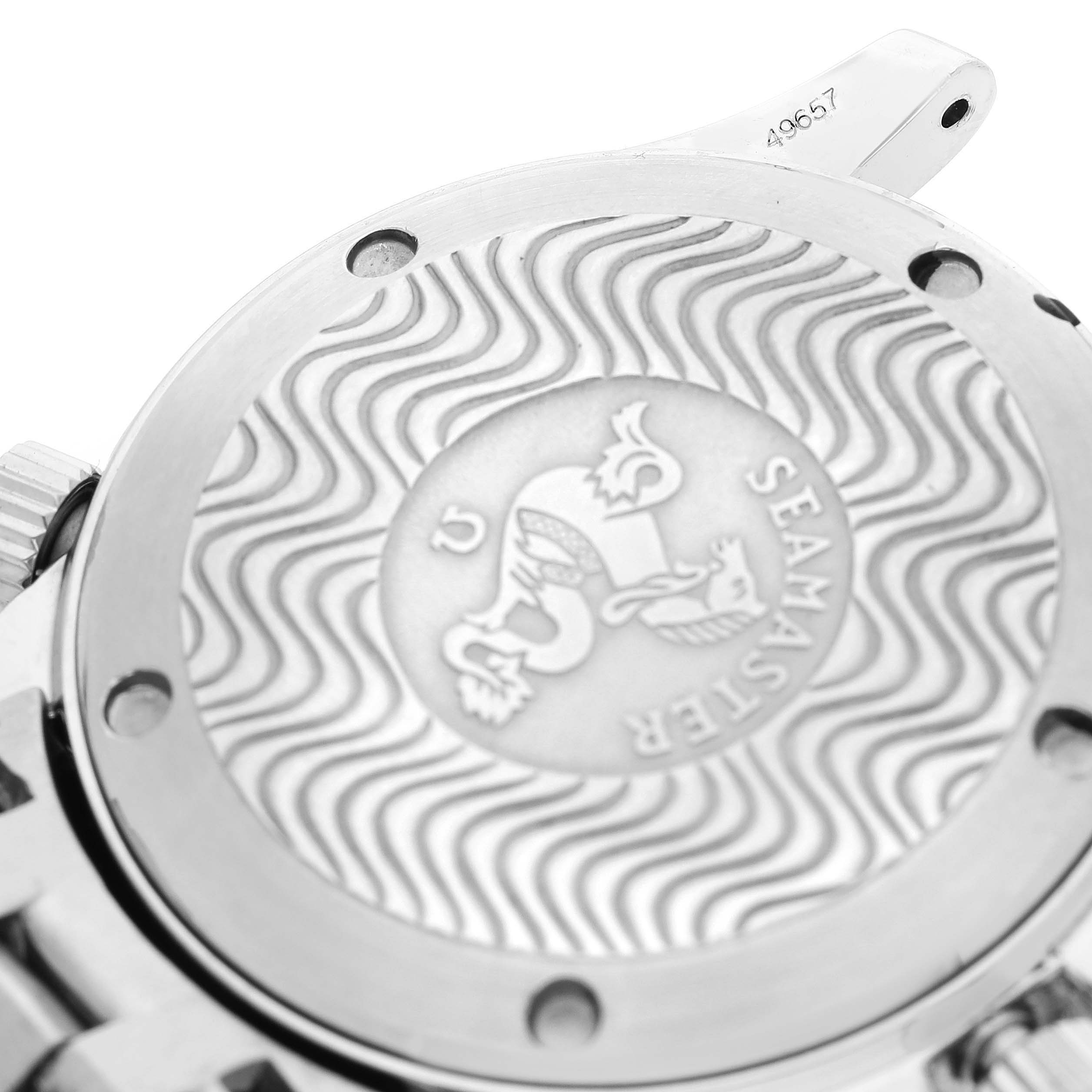 The image shows the back case of an Omega Seamaster 2551.80.00 Men
s Stainless Steel Blue Dial 2551.80.00 Men
s Stainless Steel Blue Dial watch, highlighting its engraved design.