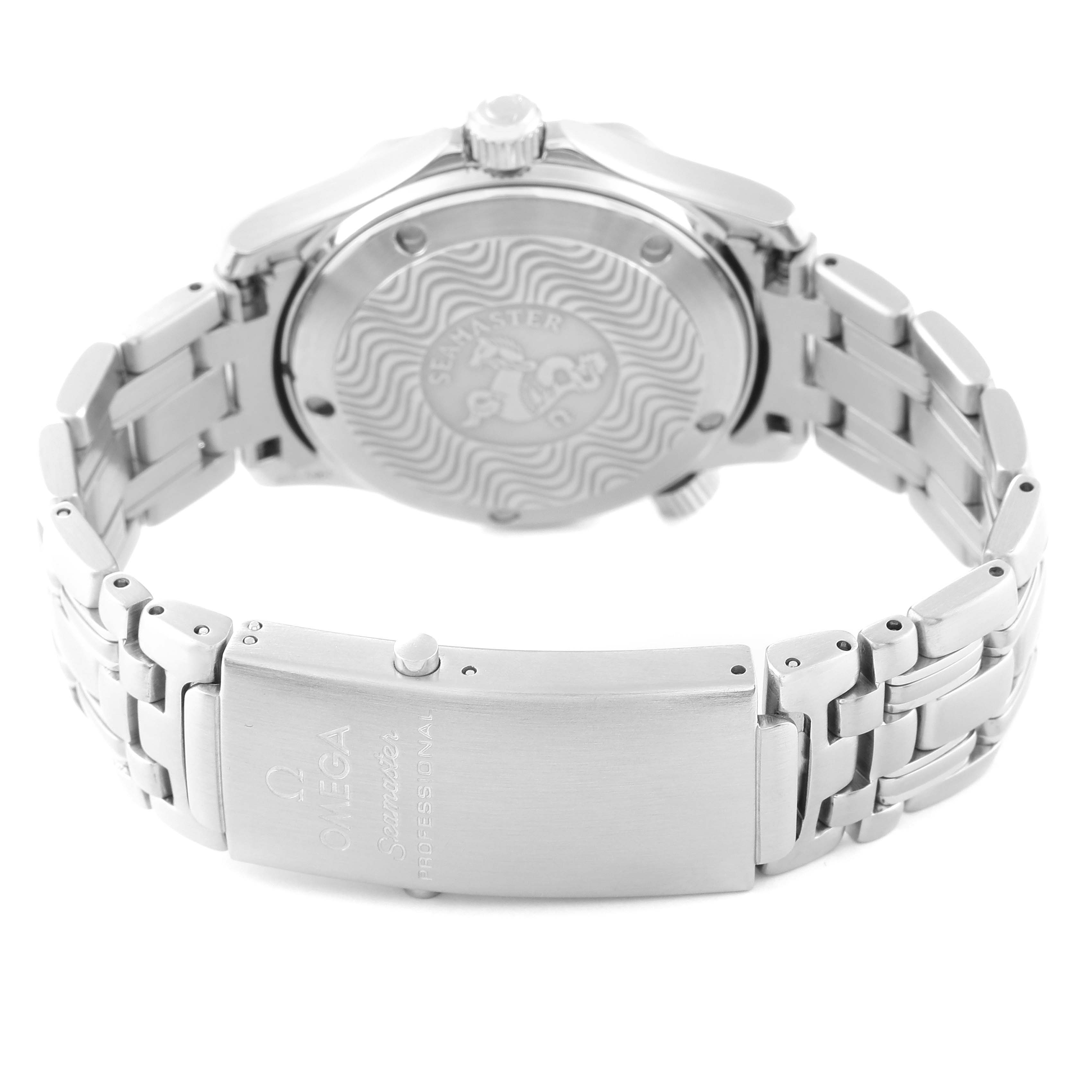 The image shows the back view of an Omega Seamaster 2551.80.00 Men
s Stainless Steel Blue Dial 2551.80.00 Men
s Stainless Steel Blue Dial watch, highlighting the back case, crown, bracelet, and clasp.