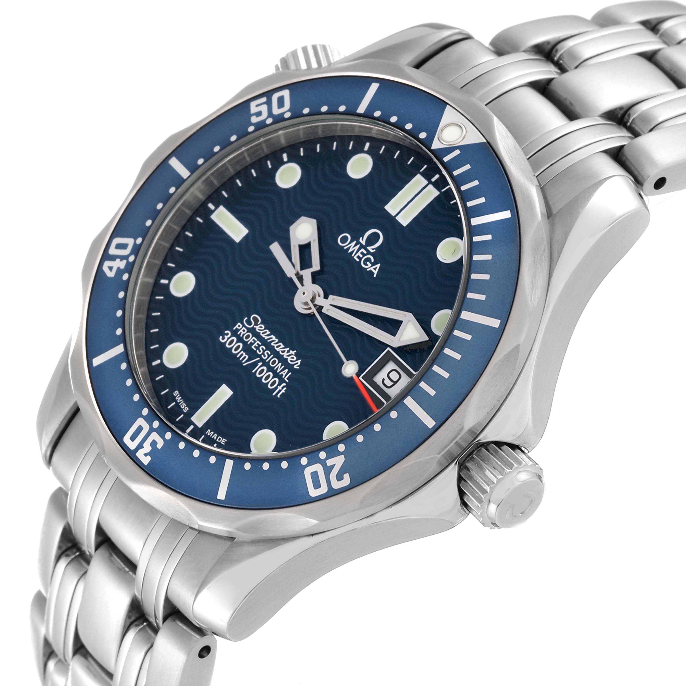 The Omega Seamaster 2561.80.00 Men
s Stainless Steel Blue Dial 2561.80.00 Men
s Stainless Steel Blue Dial watch is shown at a three-quarter angle, displaying the face, bezel, crown, and bracelet.