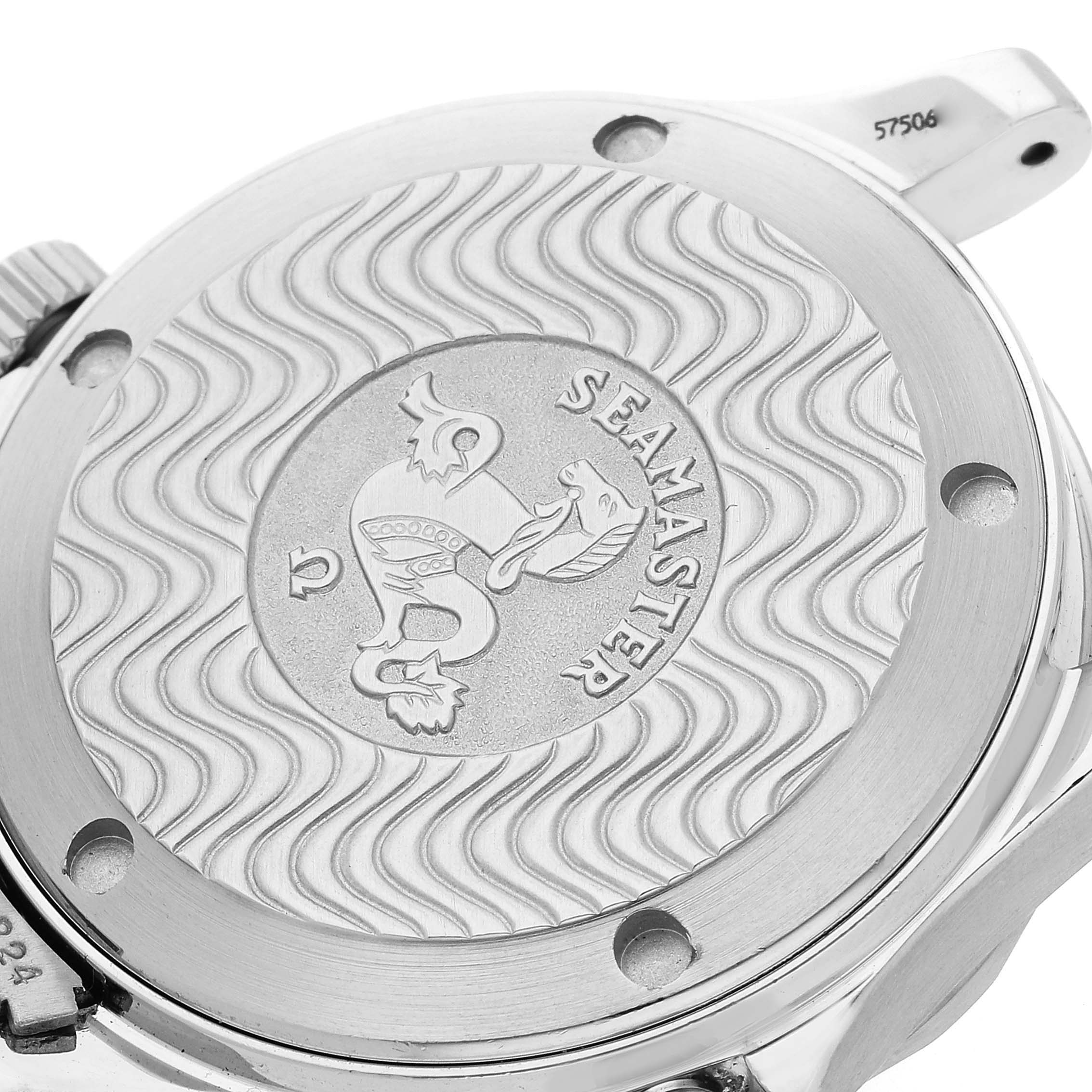 The image shows the case back of an Omega Seamaster 2561.80.00 Men
s Stainless Steel Blue Dial 2561.80.00 Men
s Stainless Steel Blue Dial watch with its engraved design.