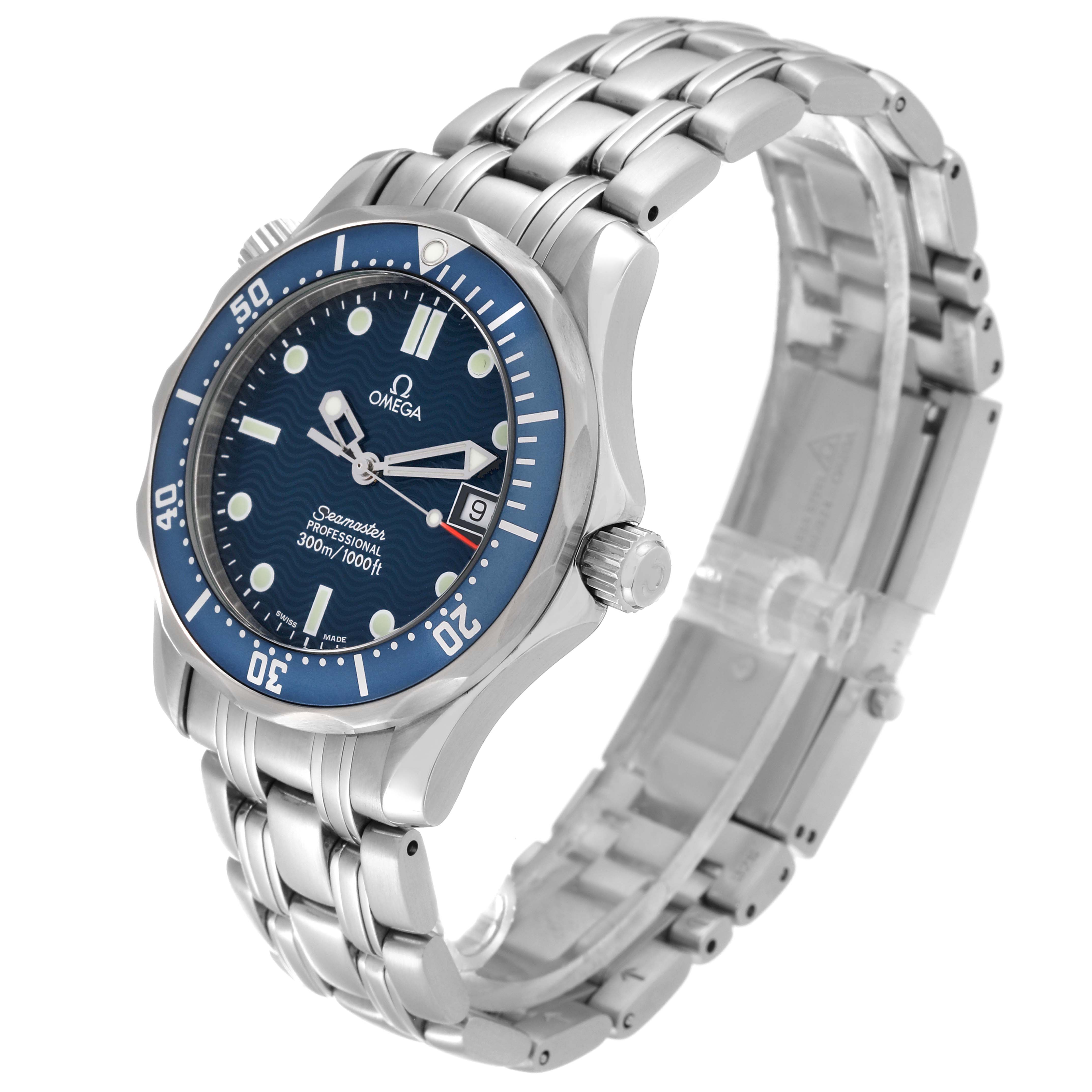 The image shows a three-quarters angled view of the Omega Seamaster 2561.80.00 Men
s Stainless Steel Blue Dial 2561.80.00 Men
s Stainless Steel Blue Dial watch, displaying the dial, bezel, crown, and metal bracelet.