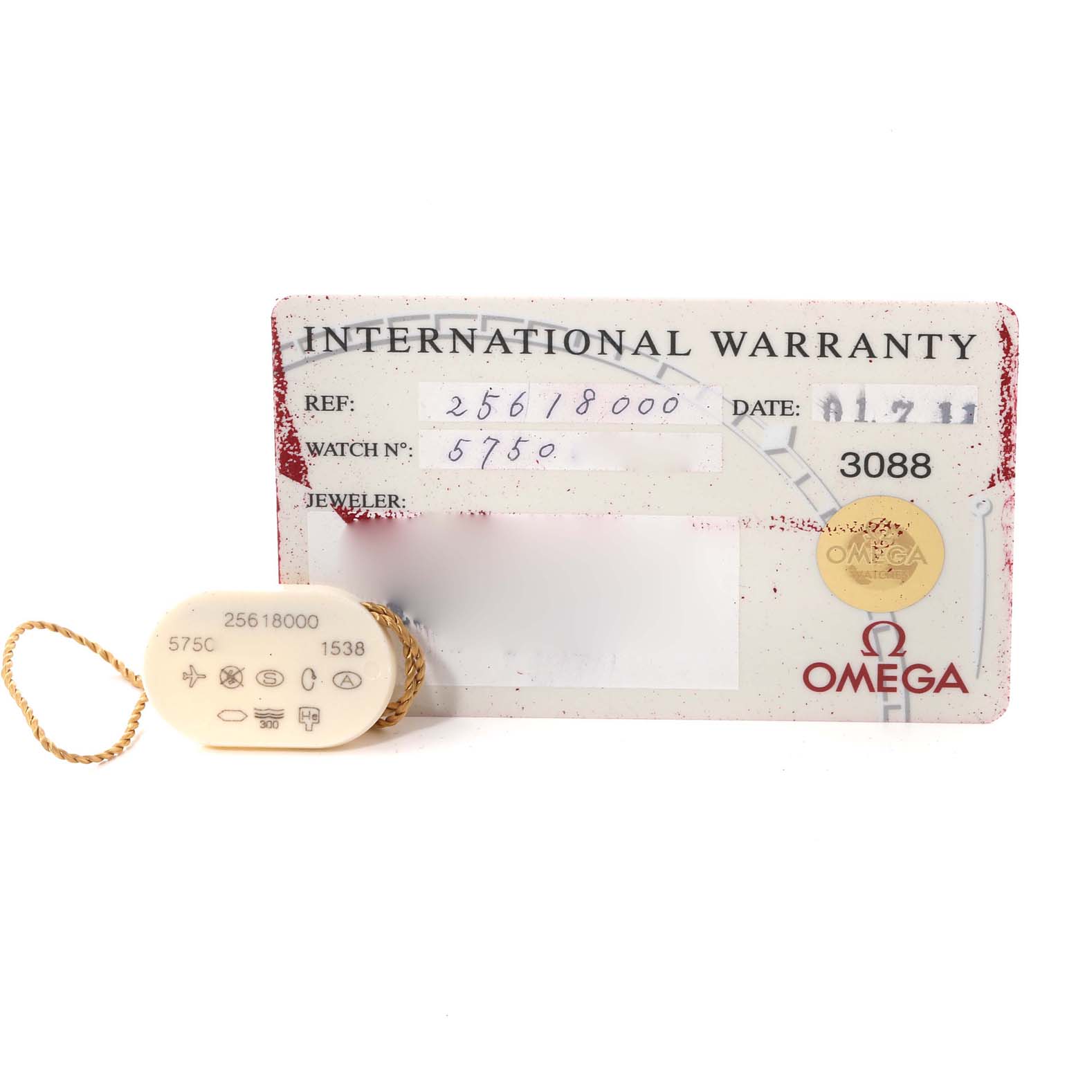 The image shows an Omega Seamaster 2561.80.00 Men
s Stainless Steel Blue Dial 2561.80.00 Men
s Stainless Steel Blue Dial warranty card and a tag with the model number at a front angle.