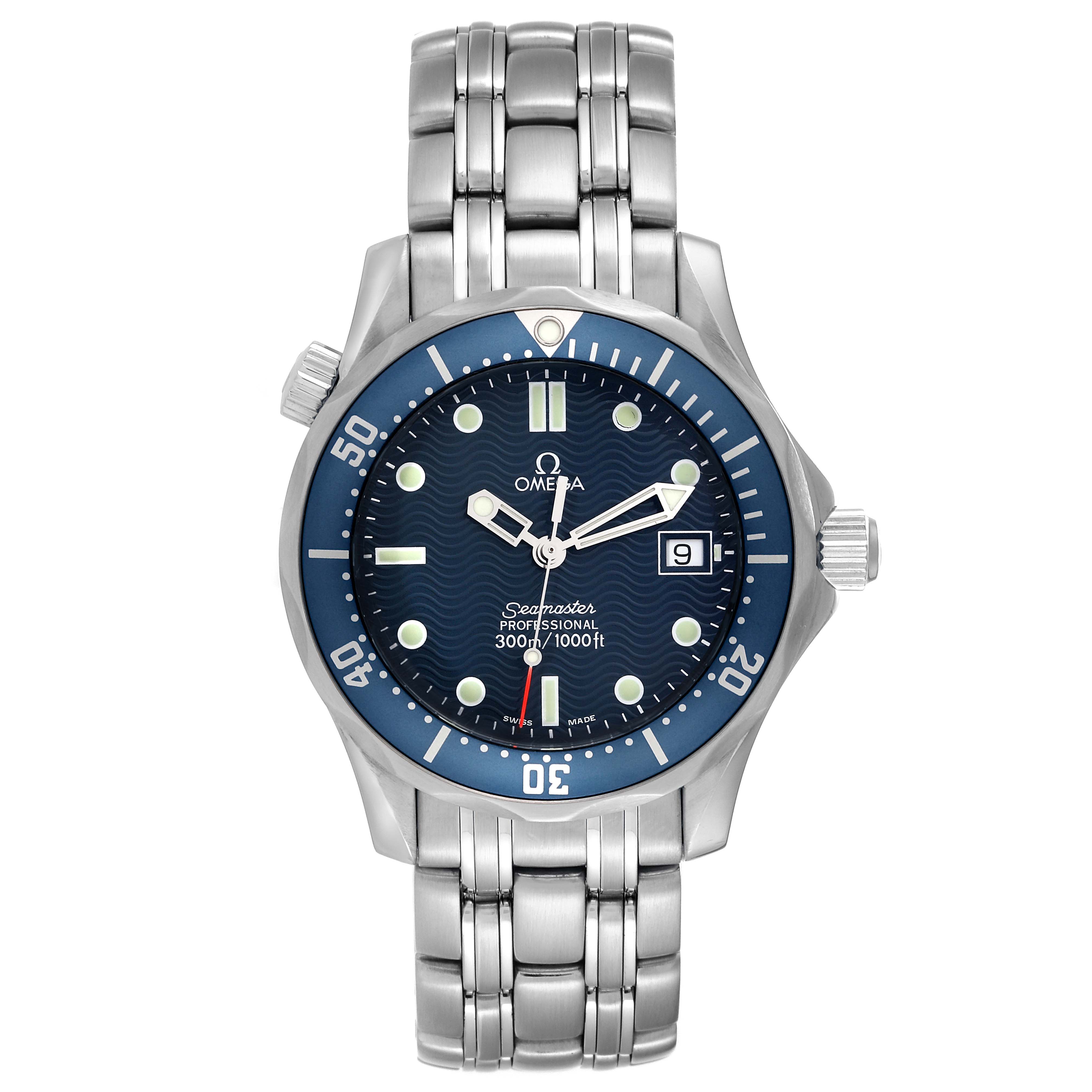 The Omega Seamaster 2561.80.00 Men
s Stainless Steel Blue Dial 2561.80.00 Men
s Stainless Steel Blue Dial watch is shown from a front angle, displaying the face, bezel, bracelet, and crown.