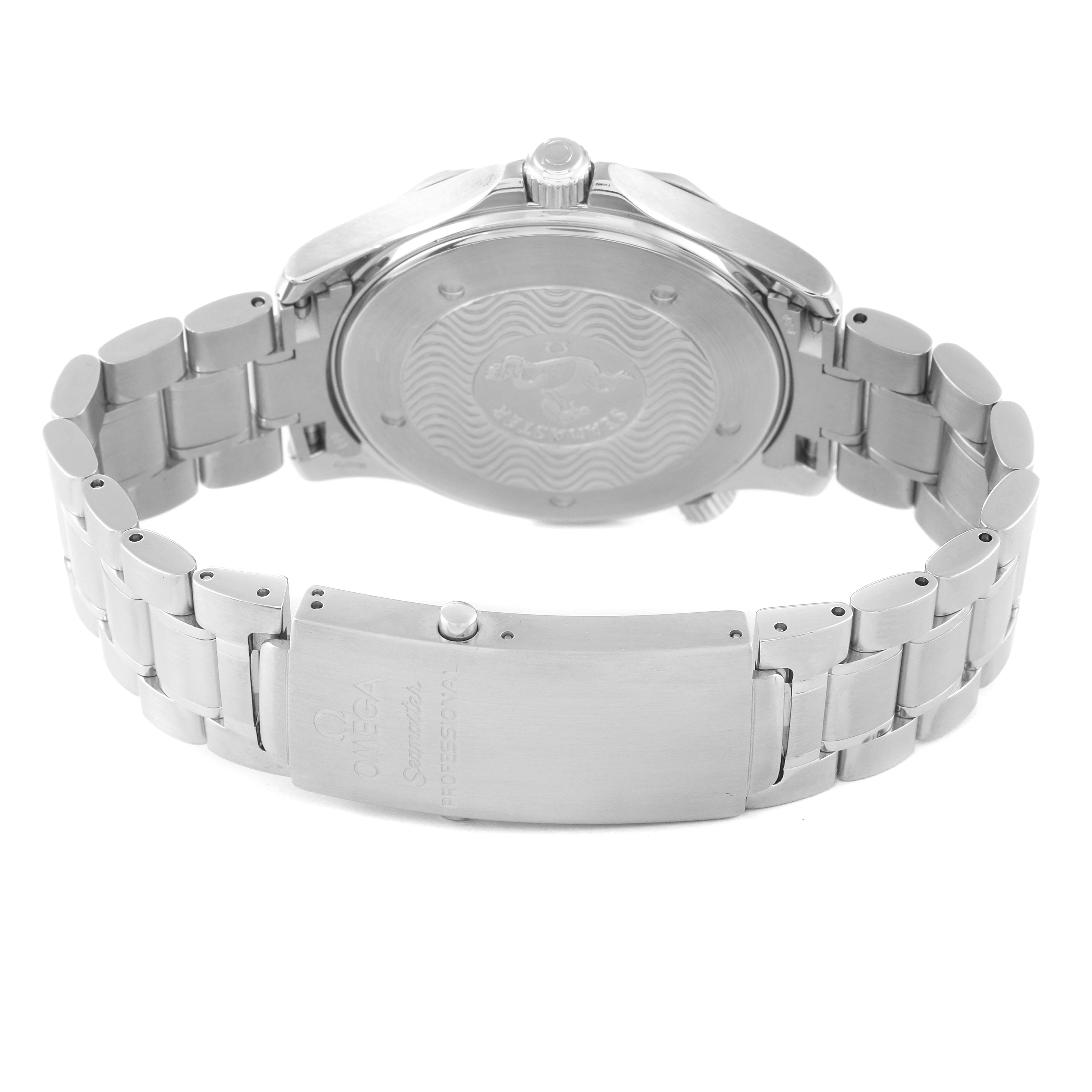 The image shows the back and clasp of an Omega Seamaster 2265.80.00 Men's Stainless Steel Blue Dial 2265.80.00 Men's Stainless Steel Blue Dial watch from an angled rear view.