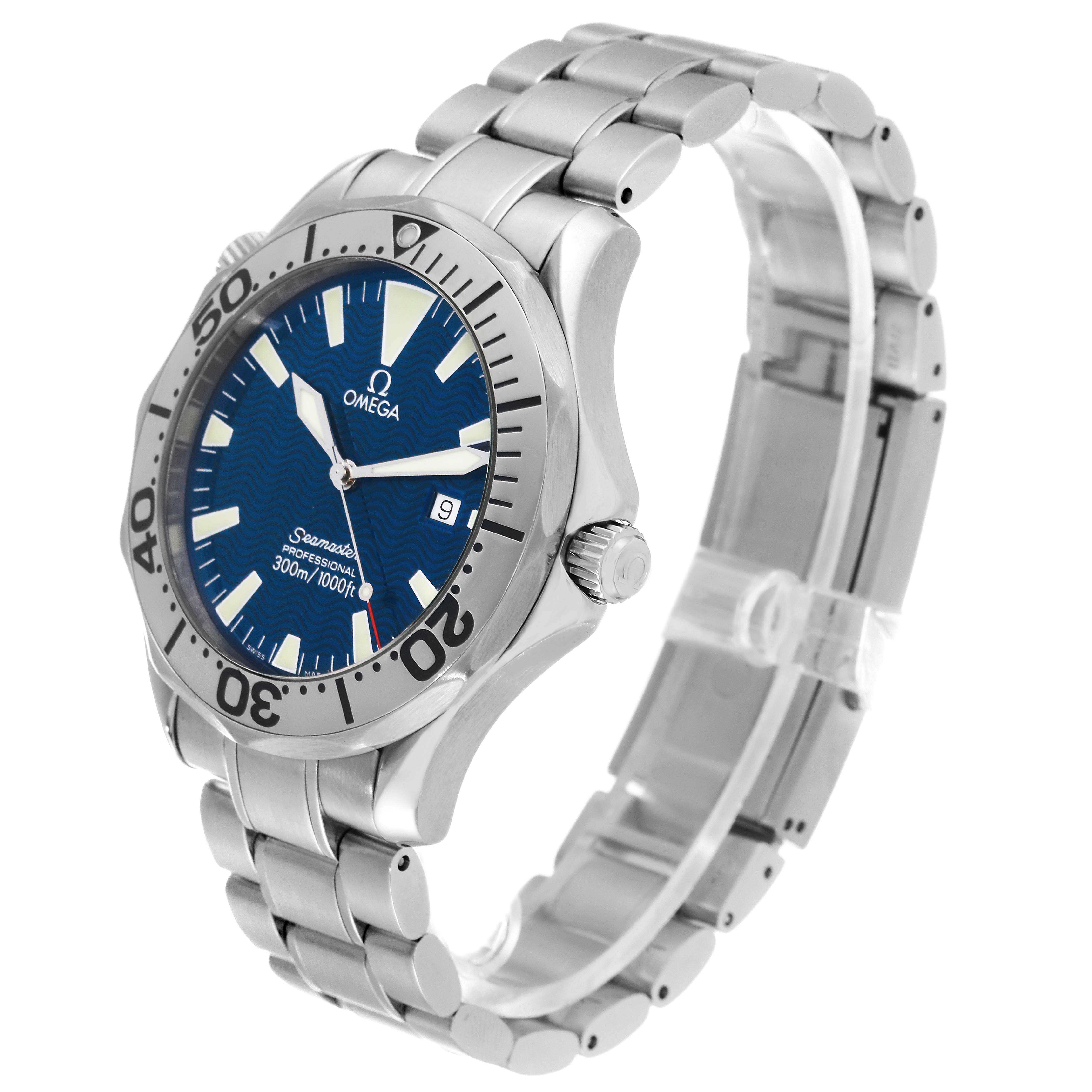 The image shows an angled view of the Omega Seamaster 2265.80.00 Men's Stainless Steel Blue Dial 2265.80.00 Men's Stainless Steel Blue Dial watch, displaying the face, bezel, crown, and stainless steel bracelet.