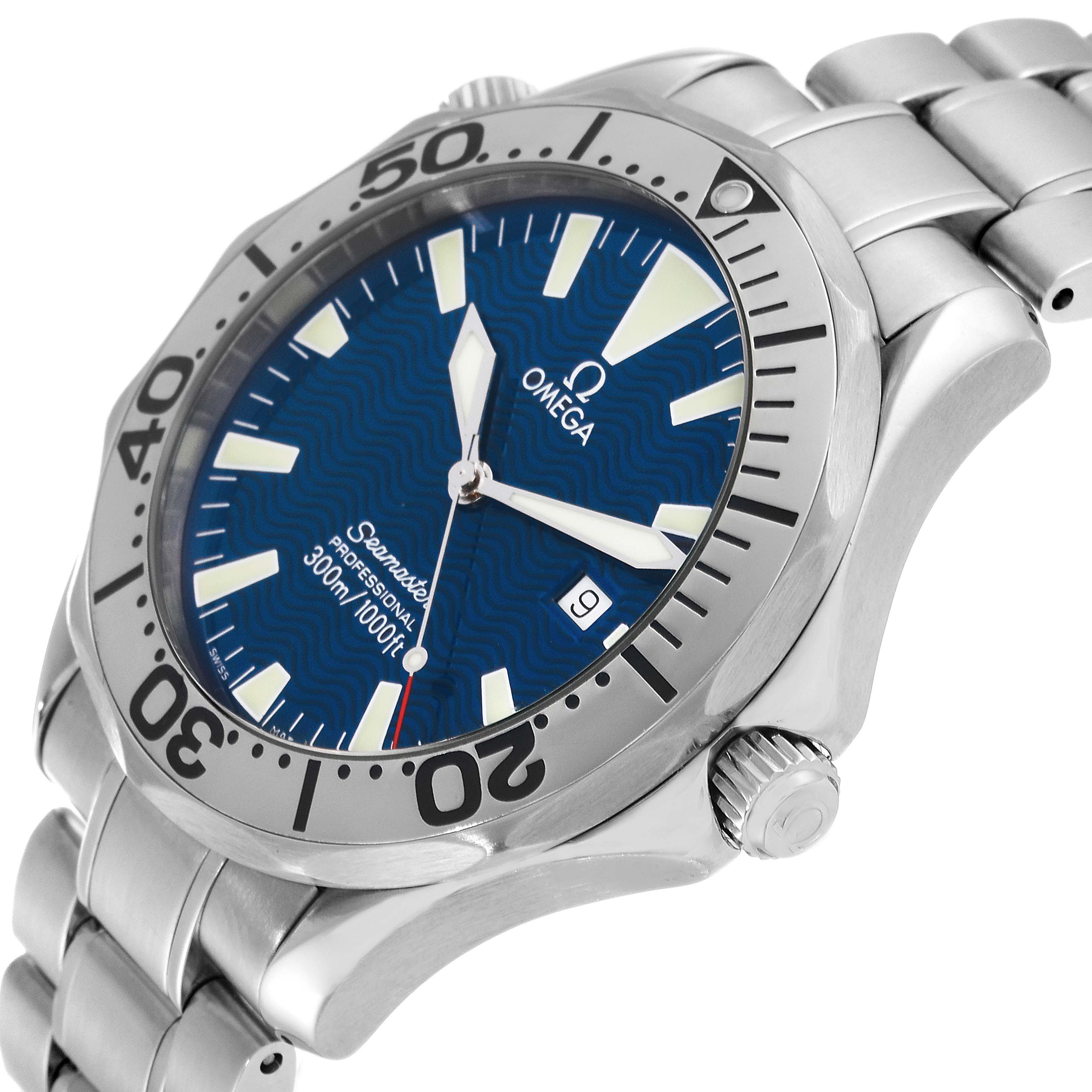 This image shows an Omega Seamaster 2265.80.00 Men's Stainless Steel Blue Dial 2265.80.00 Men's Stainless Steel Blue Dial watch angled from the front and side, displaying the dial, bezel, crown, and bracelet.