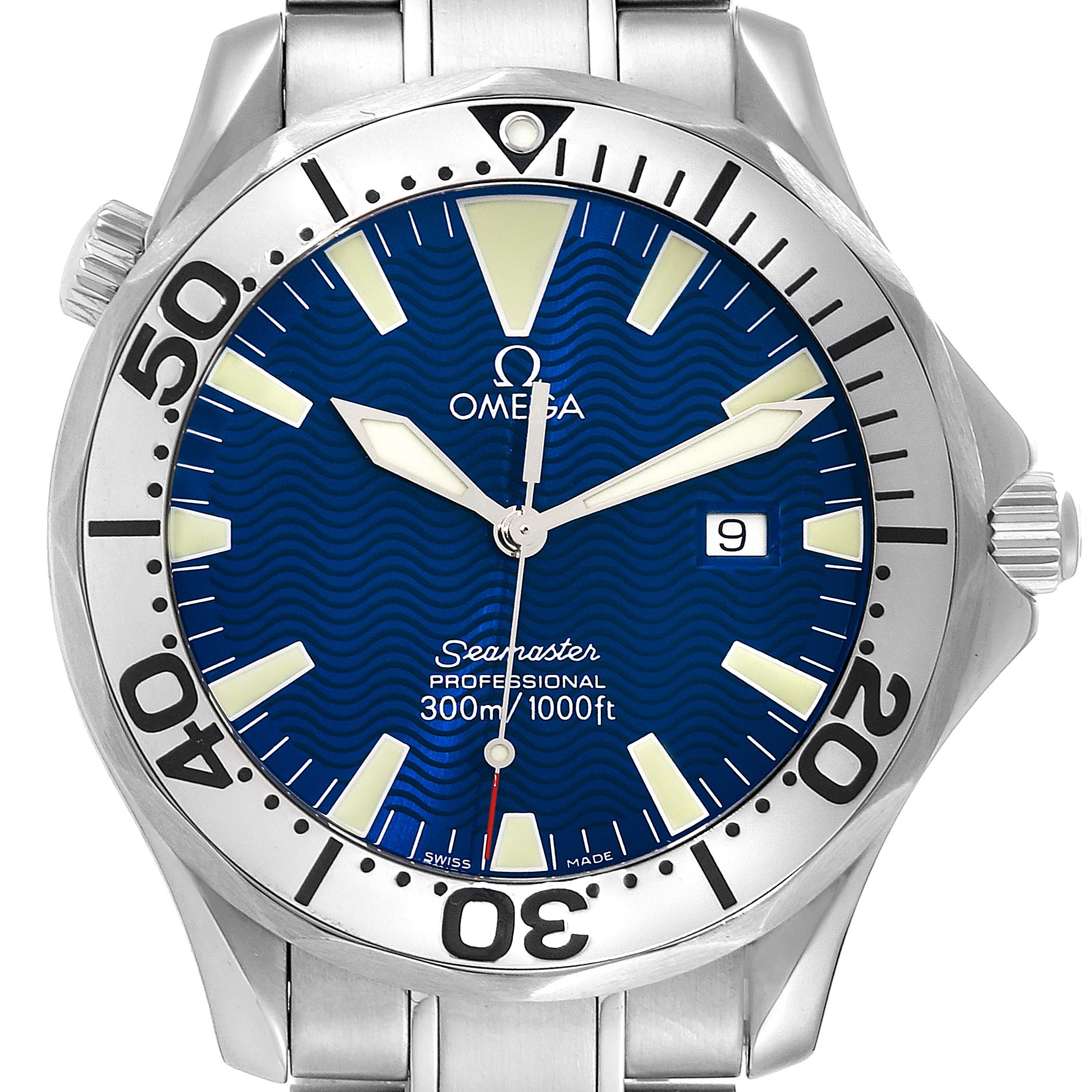 The image shows a front view of an Omega Seamaster 2265.80.00 Men's Stainless Steel Blue Dial 2265.80.00 Men's Stainless Steel Blue Dial watch, highlighting its bezel, dial, hands, and a portion of the bracelet.
