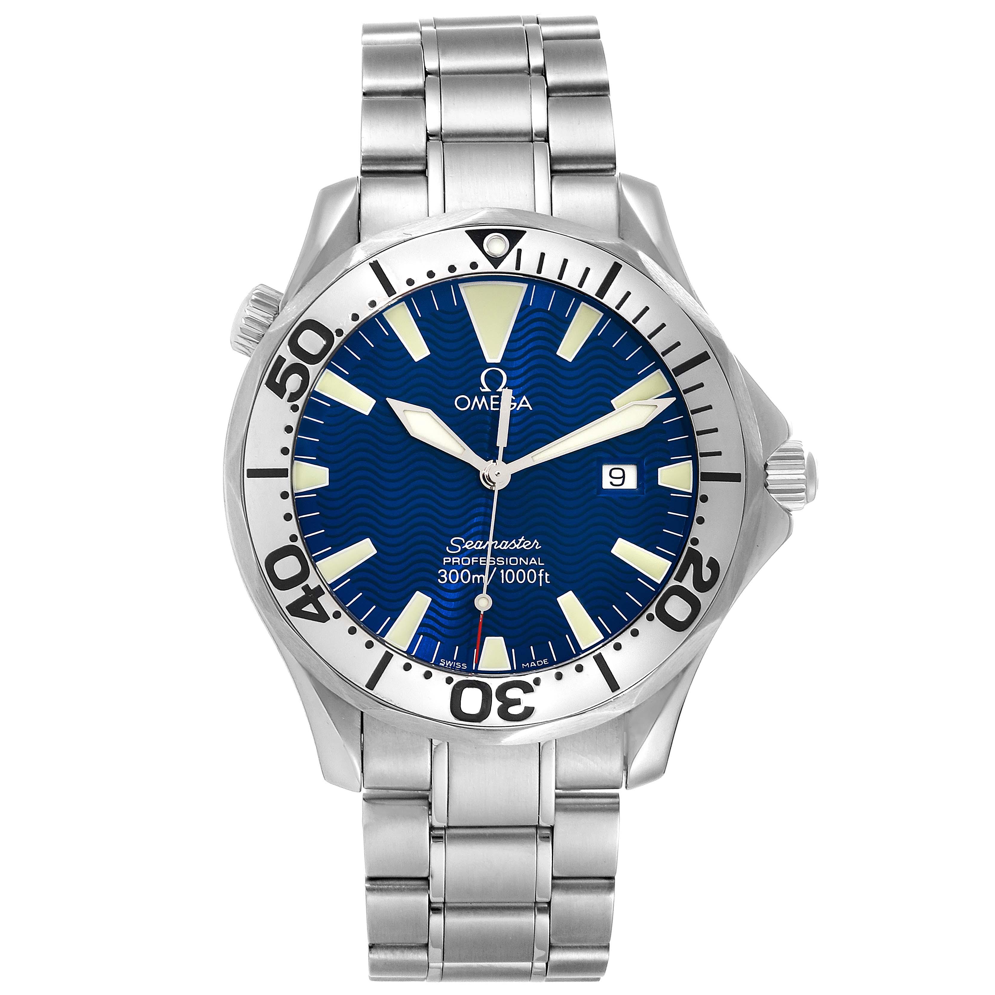 This image shows a front view of the Omega Seamaster 2265.80.00 Men's Stainless Steel Blue Dial 2265.80.00 Men's Stainless Steel Blue Dial watch, displaying the dial, bezel, hands, date window, and stainless steel bracelet.