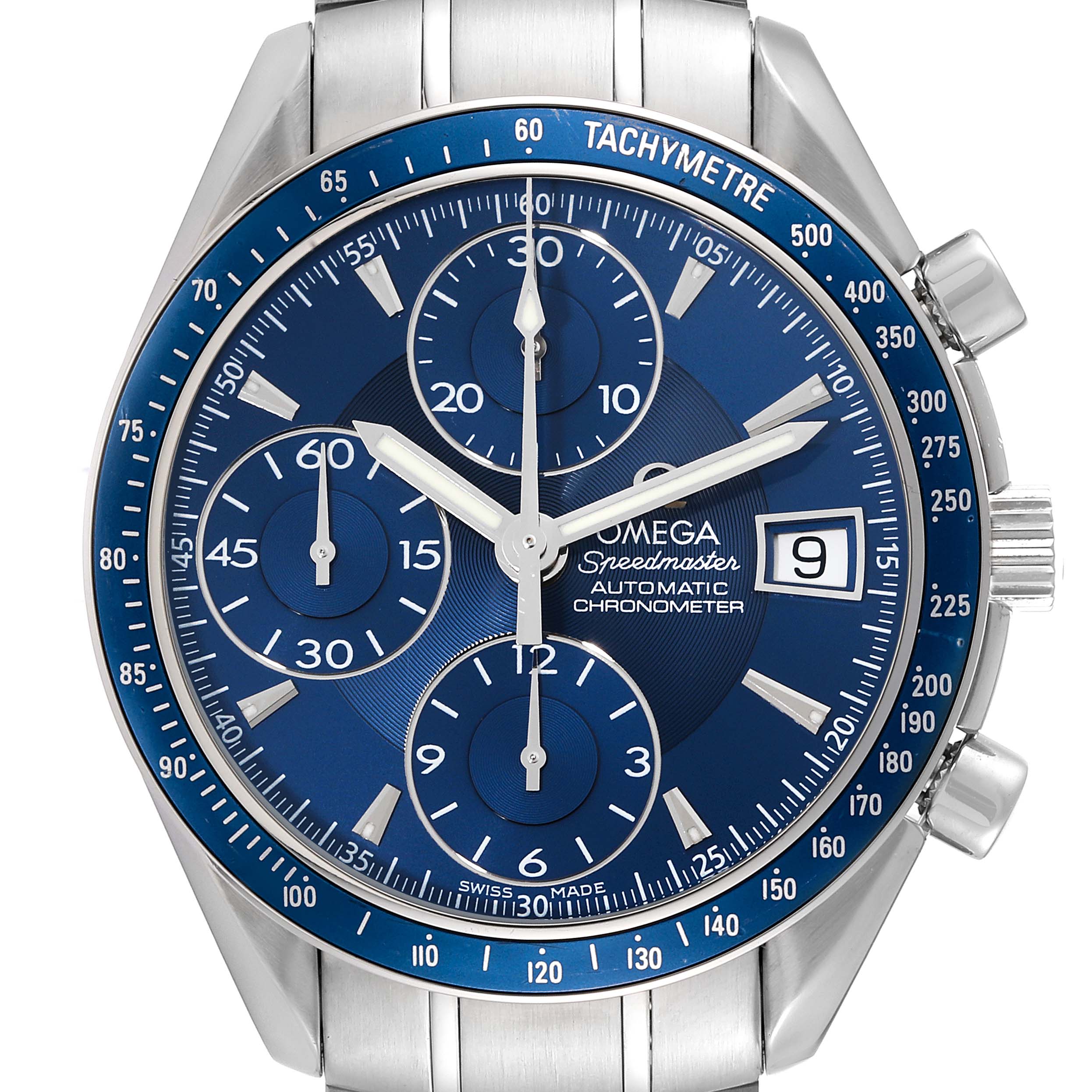 The image shows a frontal view of an Omega Speedmaster 3212.80.00 Men
s Stainless Steel Blue Dial 3212.80.00 Men
s Stainless Steel Blue Dial watch with a blue dial, tachymeter, chronograph subdials, and date window.