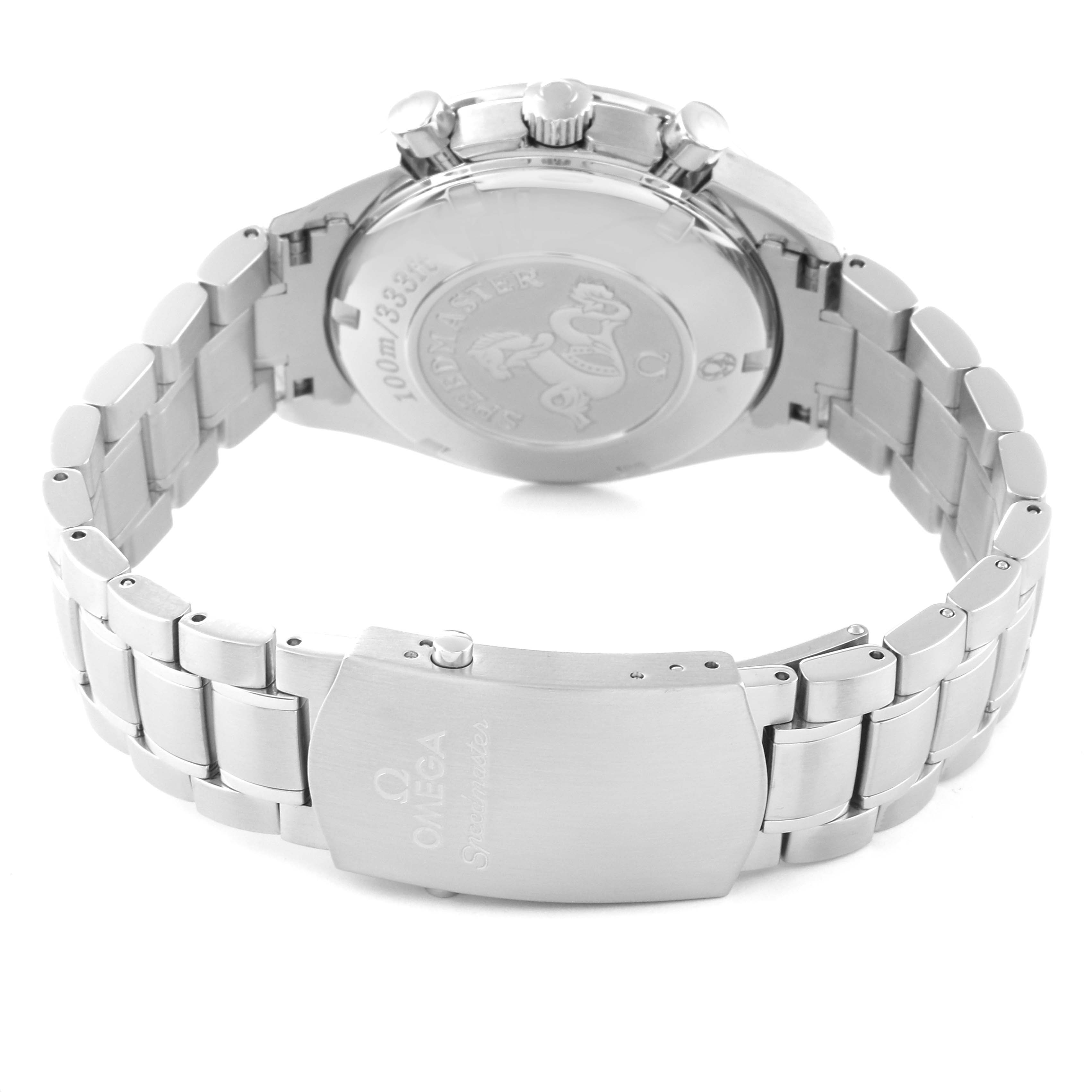 The image shows the back case and bracelet of an Omega Speedmaster 3212.80.00 Men
s Stainless Steel Blue Dial 3212.80.00 Men
s Stainless Steel Blue Dial watch, viewed from slightly above.