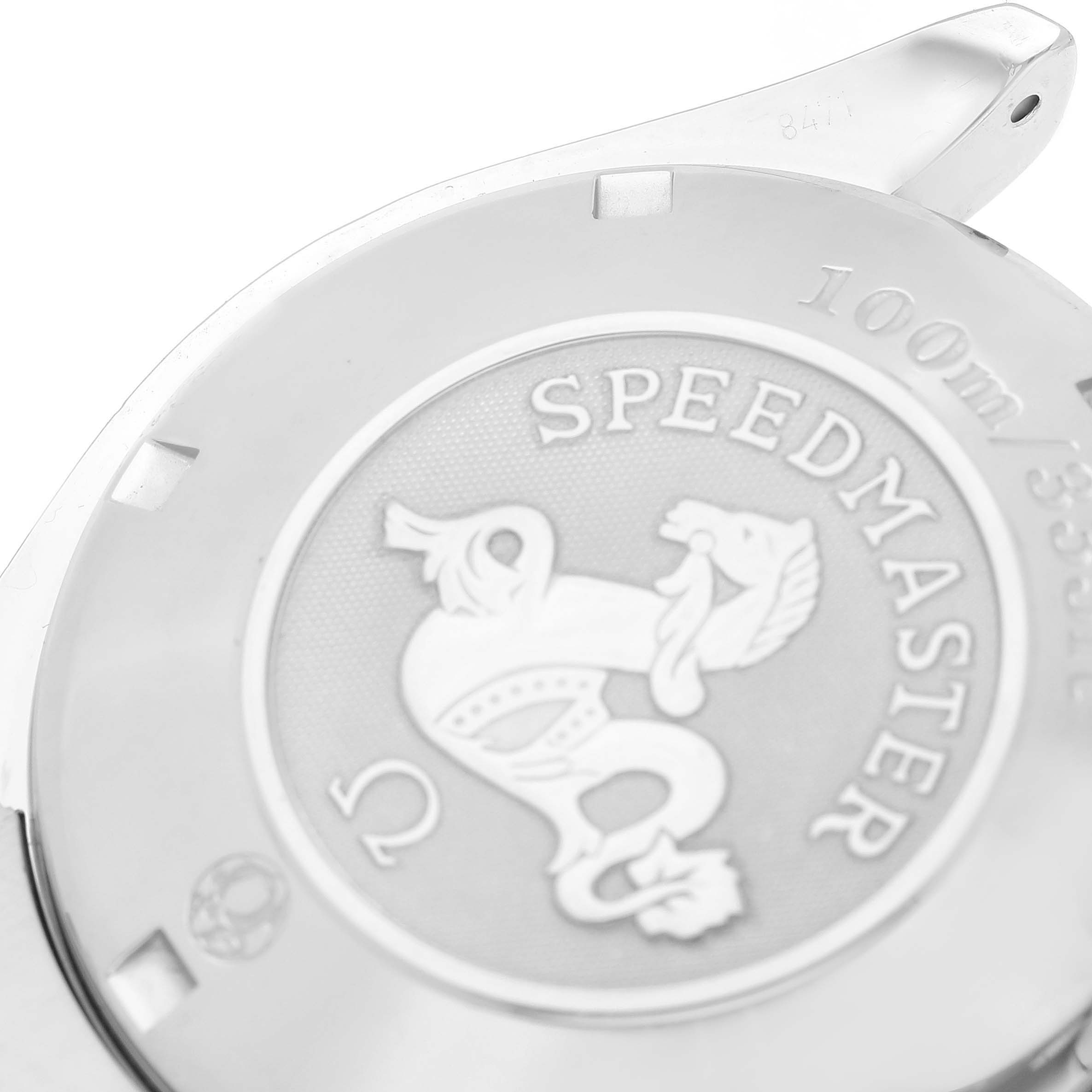 This image shows the caseback of an Omega Speedmaster 3212.80.00 Men
s Stainless Steel Blue Dial 3212.80.00 Men
s Stainless Steel Blue Dial watch, highlighting the engraved branding and depth rating.