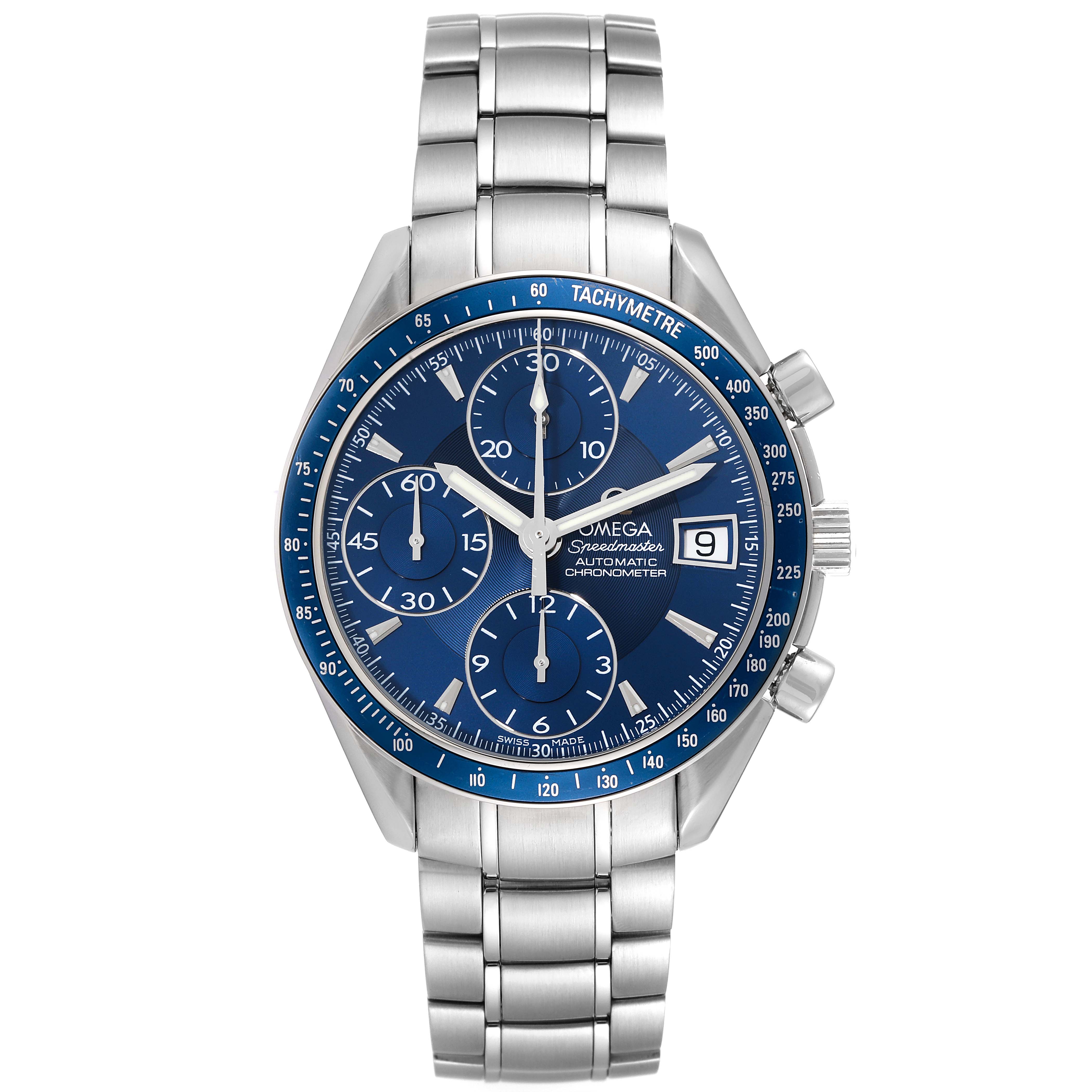 This image shows a front view of an Omega Speedmaster 3212.80.00 Men
s Stainless Steel Blue Dial 3212.80.00 Men
s Stainless Steel Blue Dial watch, highlighting its blue dial, chronograph subdials, and metal bracelet.
