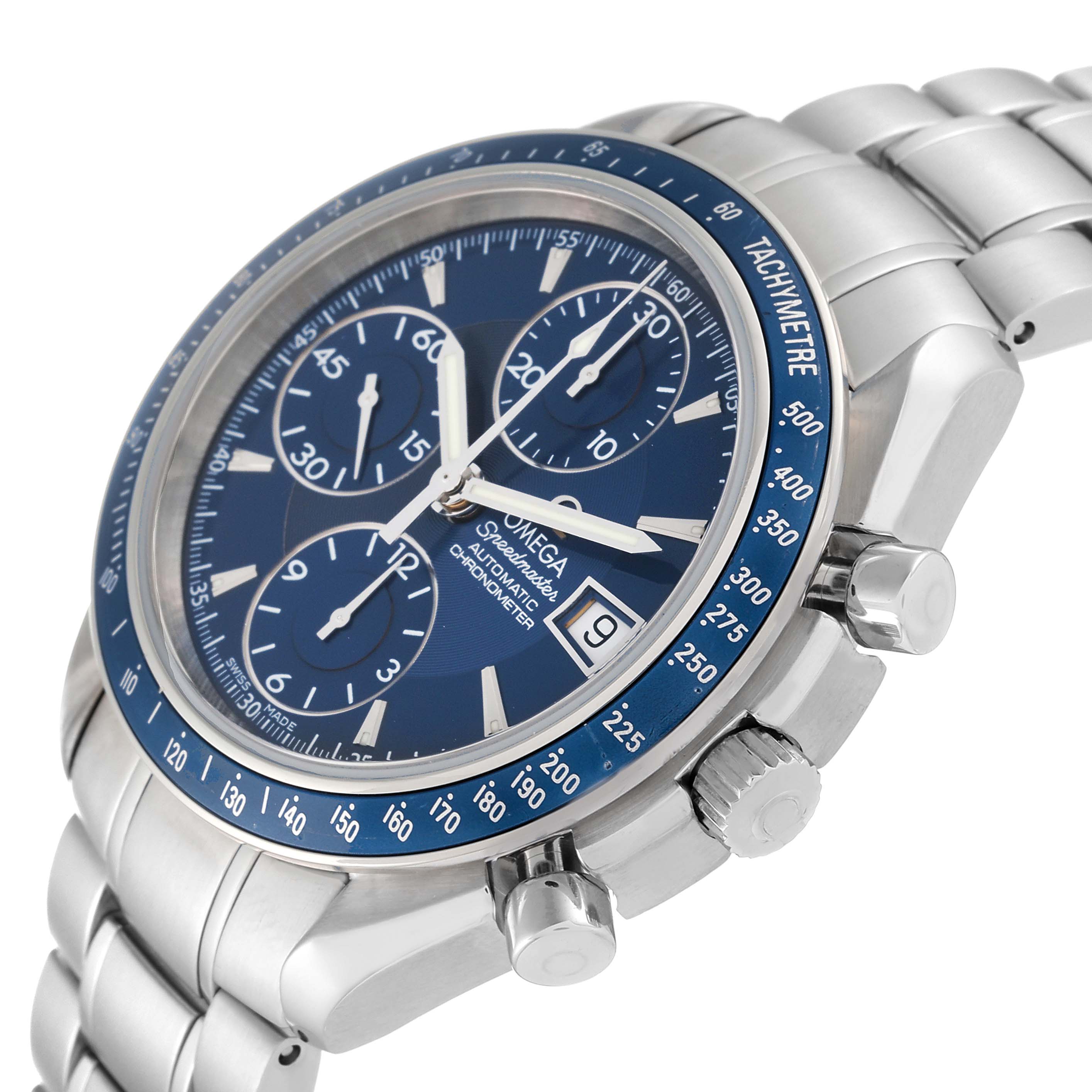 This image shows a close-up, angled view of the Omega Speedmaster 3212.80.00 Men
s Stainless Steel Blue Dial 3212.80.00 Men
s Stainless Steel Blue Dial watch, highlighting the face, tachymeter bezel, and side buttons.