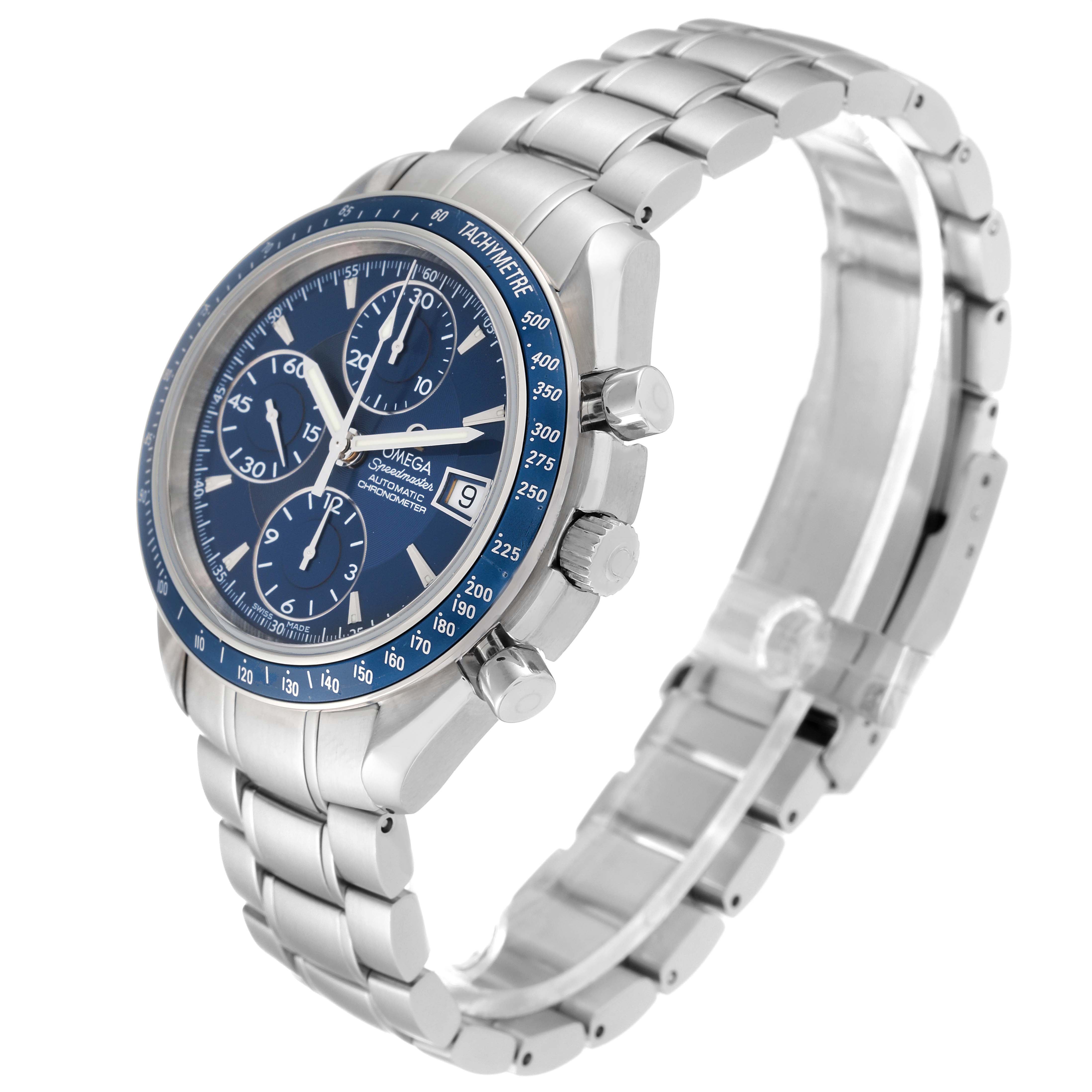 This image shows an angled view of the Omega Speedmaster 3212.80.00 Men
s Stainless Steel Blue Dial 3212.80.00 Men
s Stainless Steel Blue Dial watch, displaying its face, crown, pushers, and stainless steel bracelet.