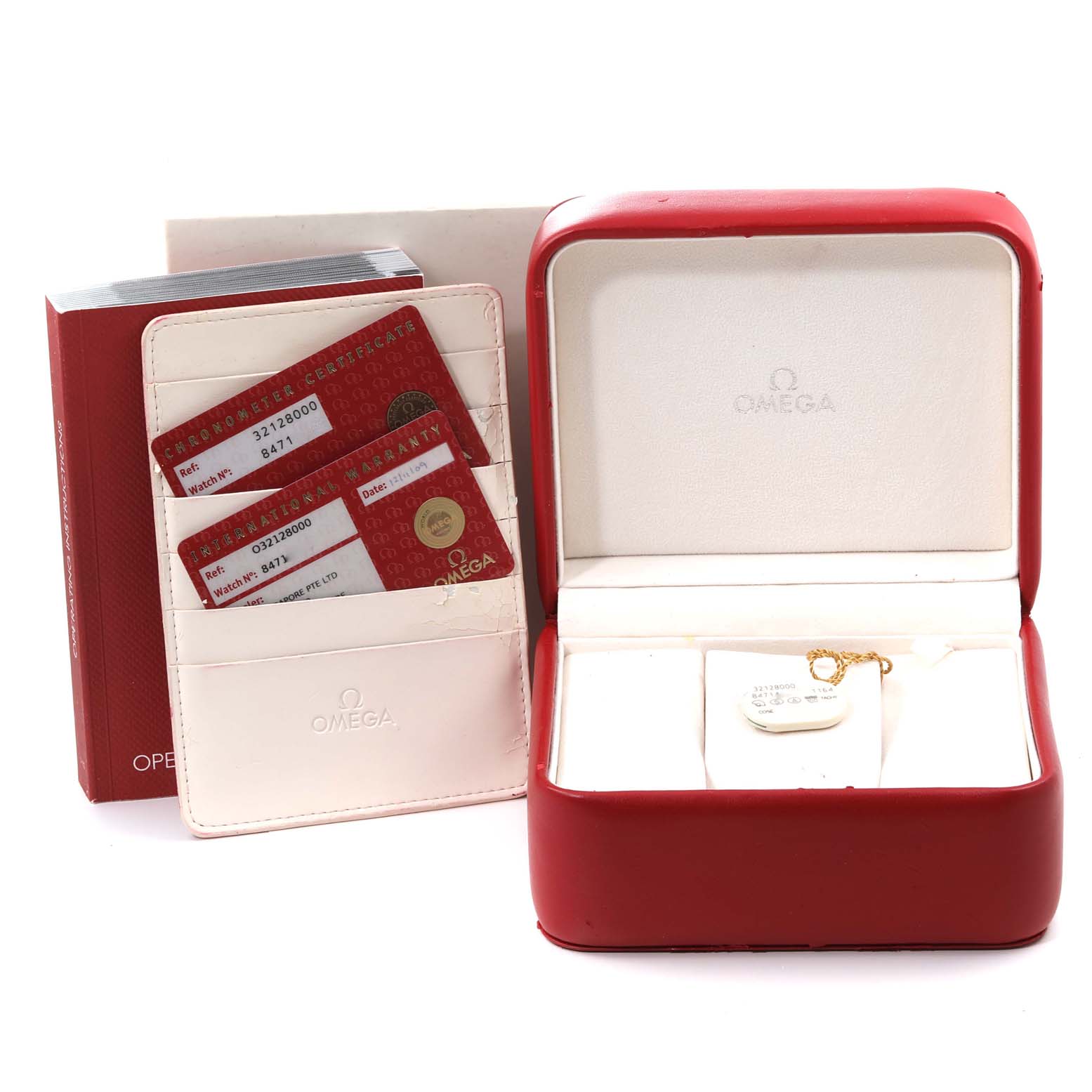 The image shows an Omega Speedmaster 3212.80.00 Men
s Stainless Steel Blue Dial 3212.80.00 Men
s Stainless Steel Blue Dial watch box, certificates in a holder, and a manual.