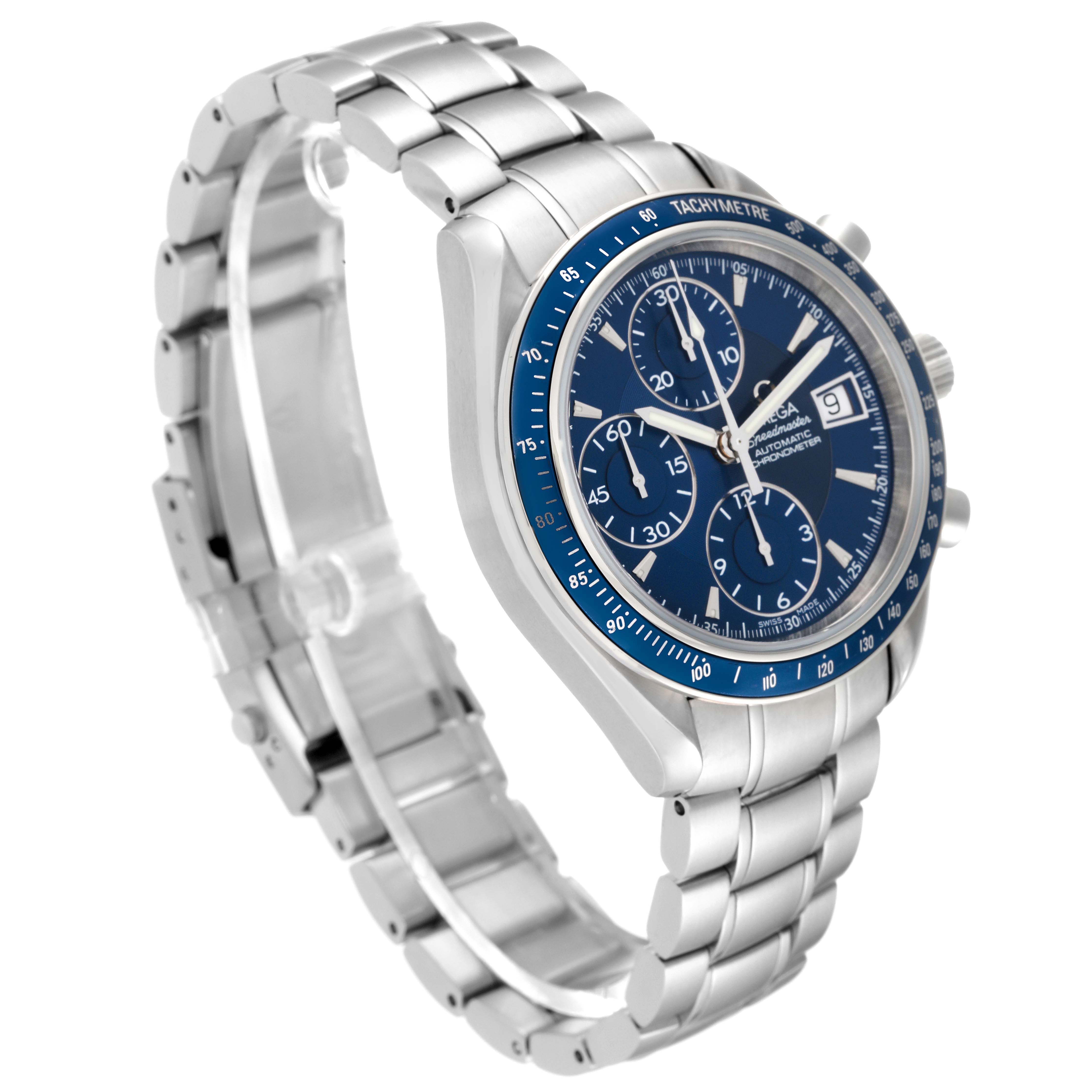 The Omega Speedmaster 3212.80.00 Men
s Stainless Steel Blue Dial 3212.80.00 Men
s Stainless Steel Blue Dial watch is shown at a three-quarter angle, displaying the face, bracelet, and side buttons.