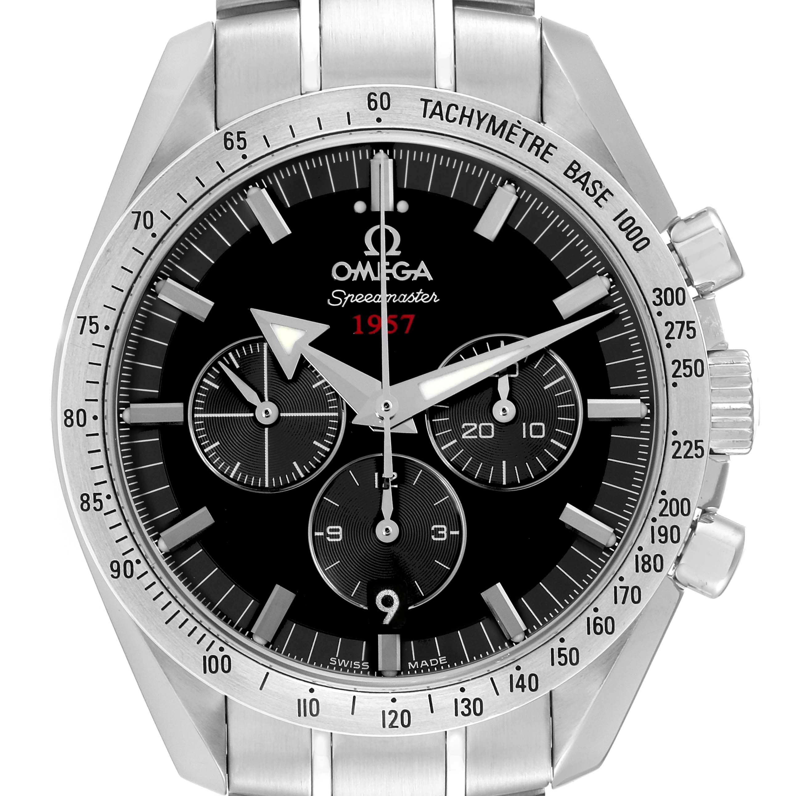 The image shows a front view of an Omega Speedmaster 321.10.42.50.01.001 Men
s Stainless Steel Black Dial 321.10.42.50.01.001 Men
s Stainless Steel Black Dial watch, highlighting the dial, subdials, bezel, and tachymeter.